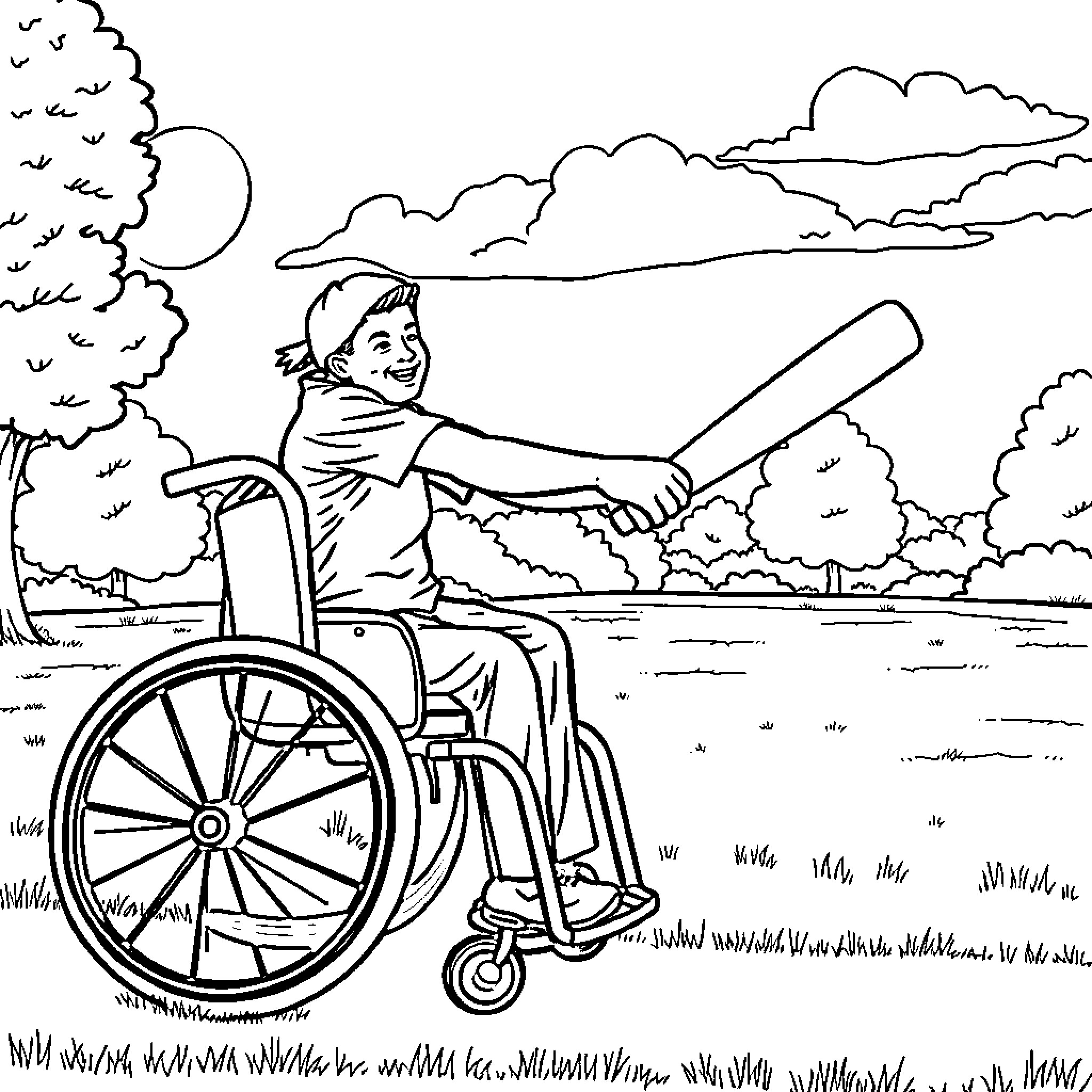 Wheelchair user enjoying outdoor recreation Coloring Page (free black-and-white line drawing printable PDF for all, from beginners to advanced learners, including children, teens, adults, and seniors)