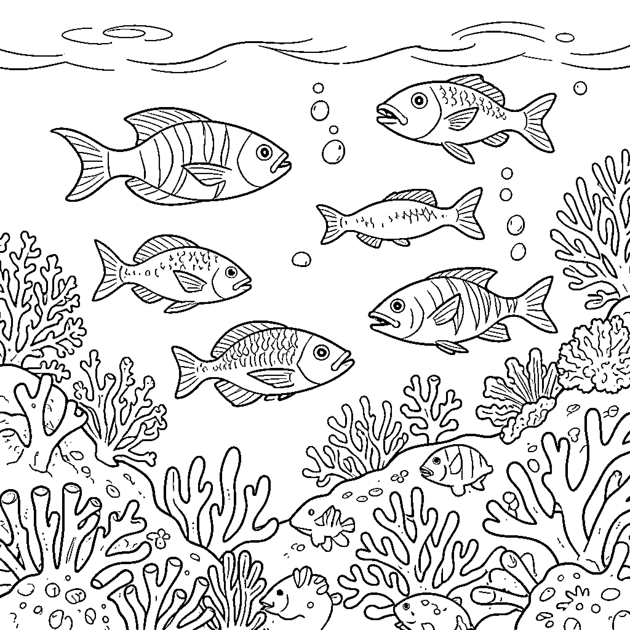 Sea Animal swimming among corals and bubbles Coloring Page (free black-and-white line drawing printable PDF for all, from beginners to advanced learners, including children, teens, adults, and seniors)