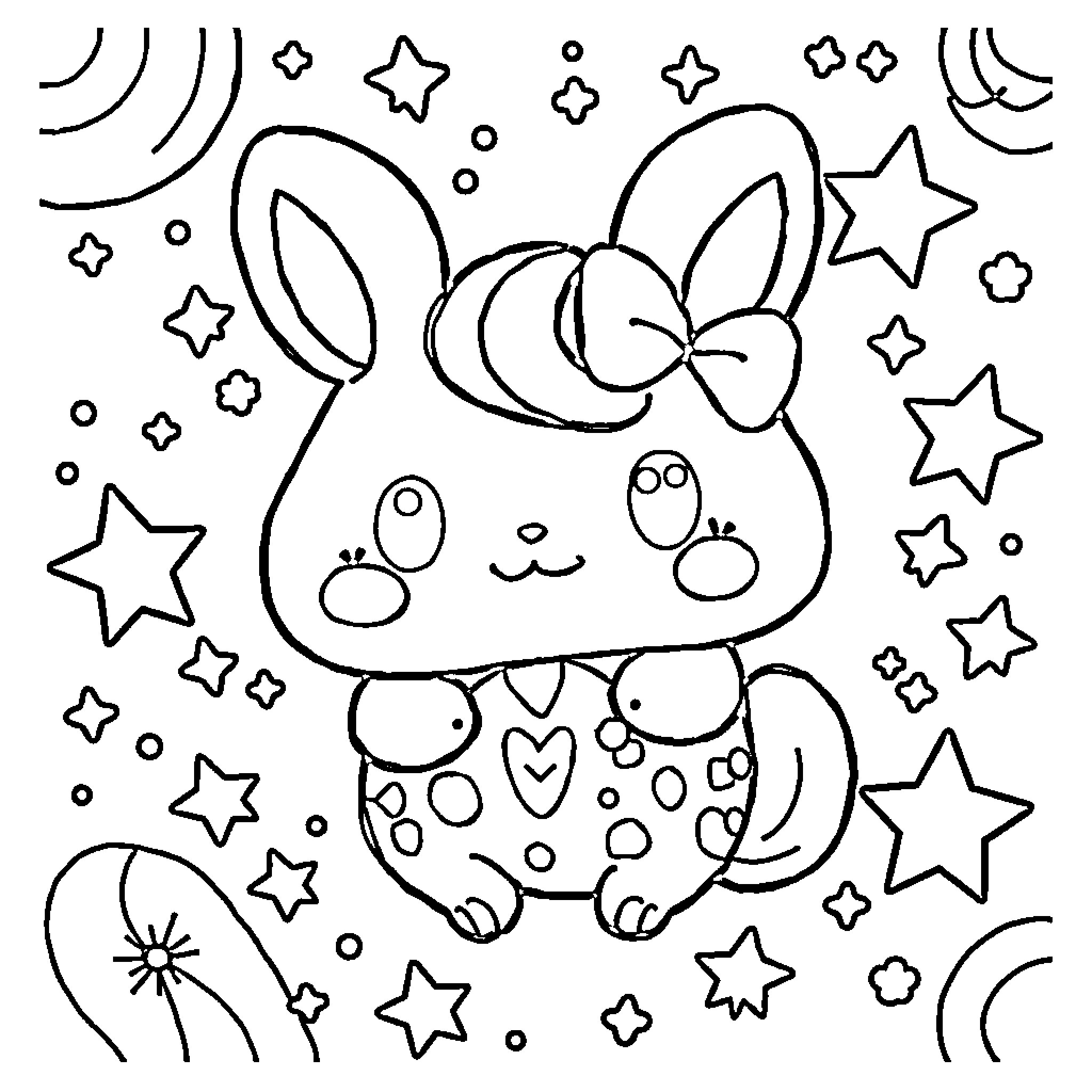 Cinnamoroll in a whimsical starry night scene Coloring Page (free black-and-white line drawing printable PDF for all, from beginners to advanced learners, including children, teens, adults, and seniors)