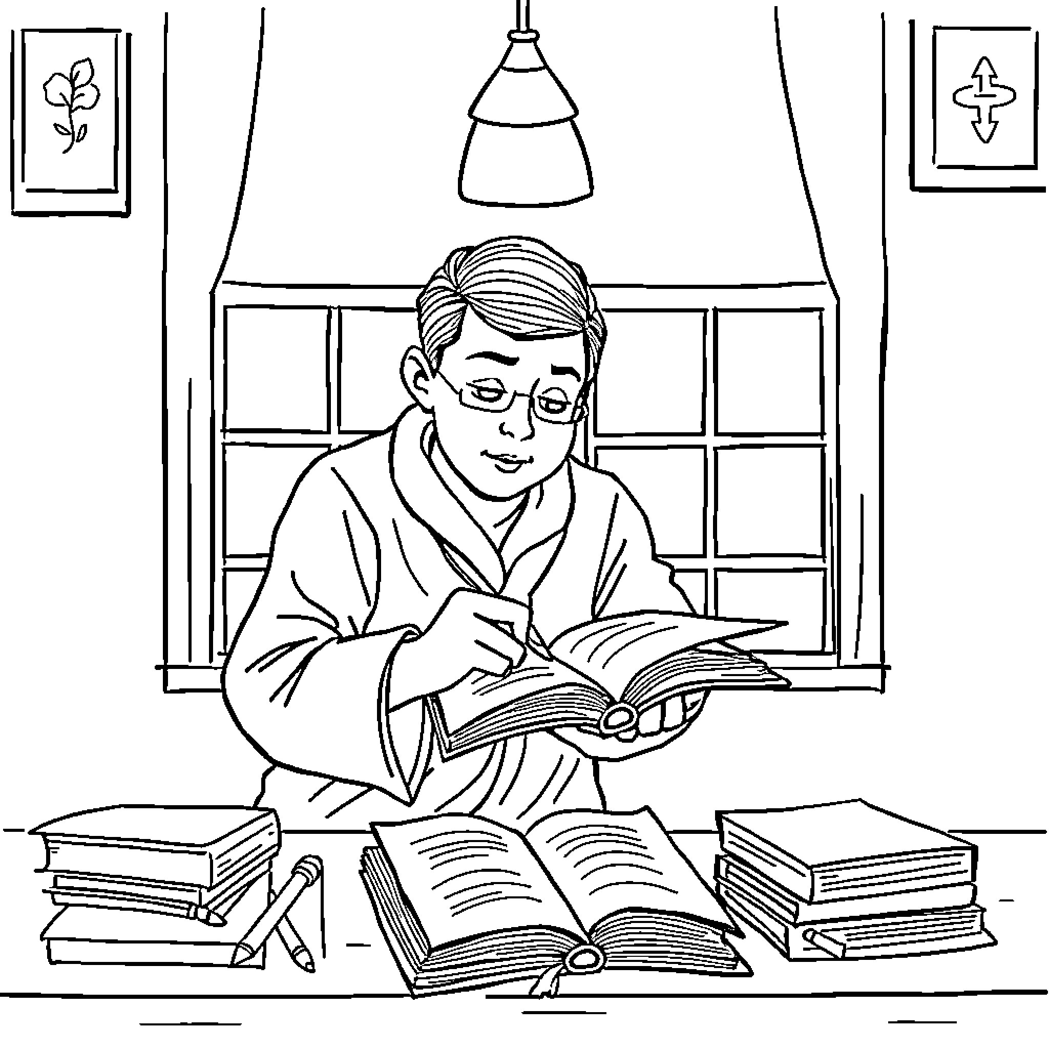 Wednesday Reading and Studying in Cozy Study Coloring Page (free black-and-white line drawing printable PDF for all, from beginners to advanced learners, including children, teens, adults, and seniors)