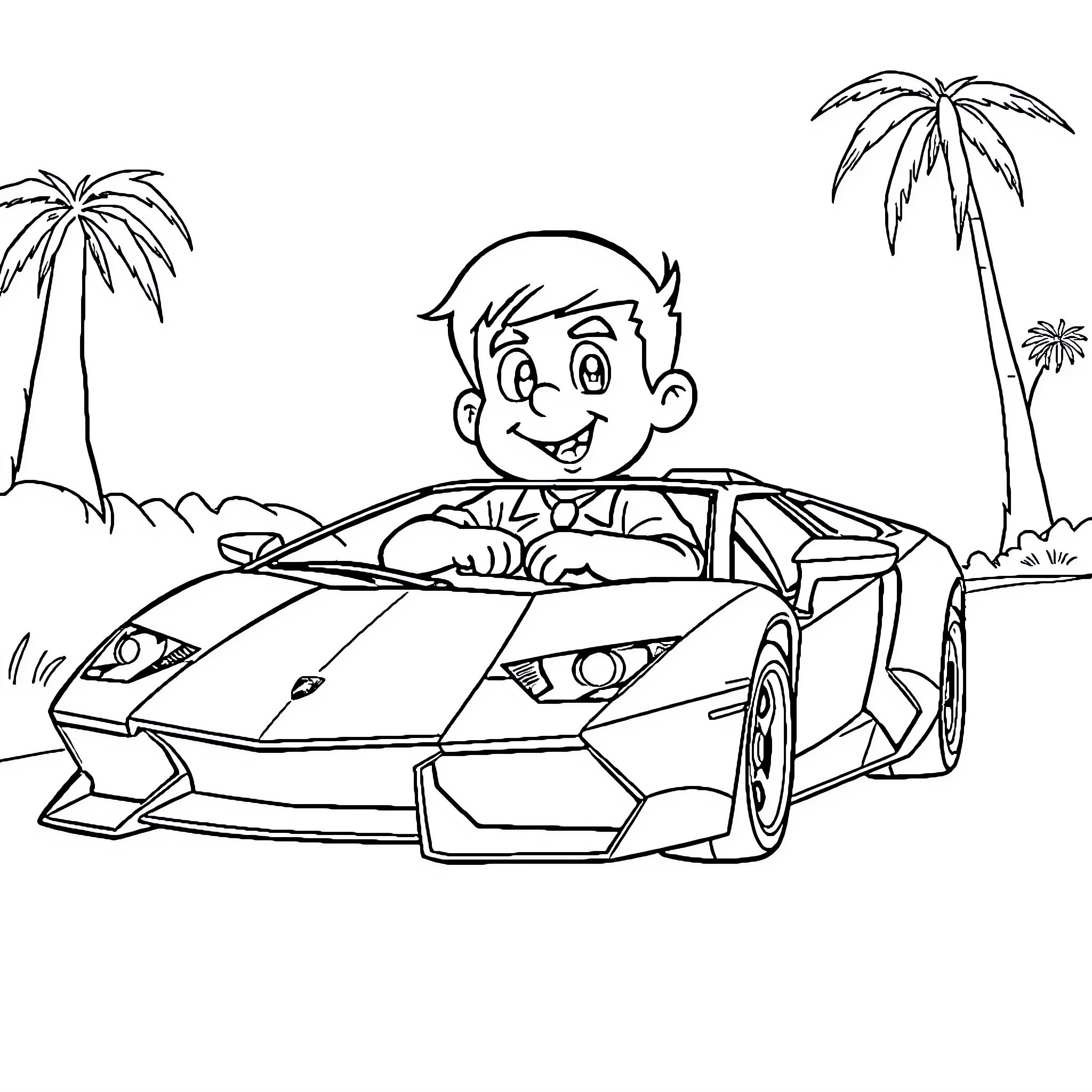 El Chavo's Adventurous Ride in a Sports Car Coloring Page (free black-and-white line drawing printable PDF for all, from beginners to advanced learners, including children, teens, adults, and seniors)