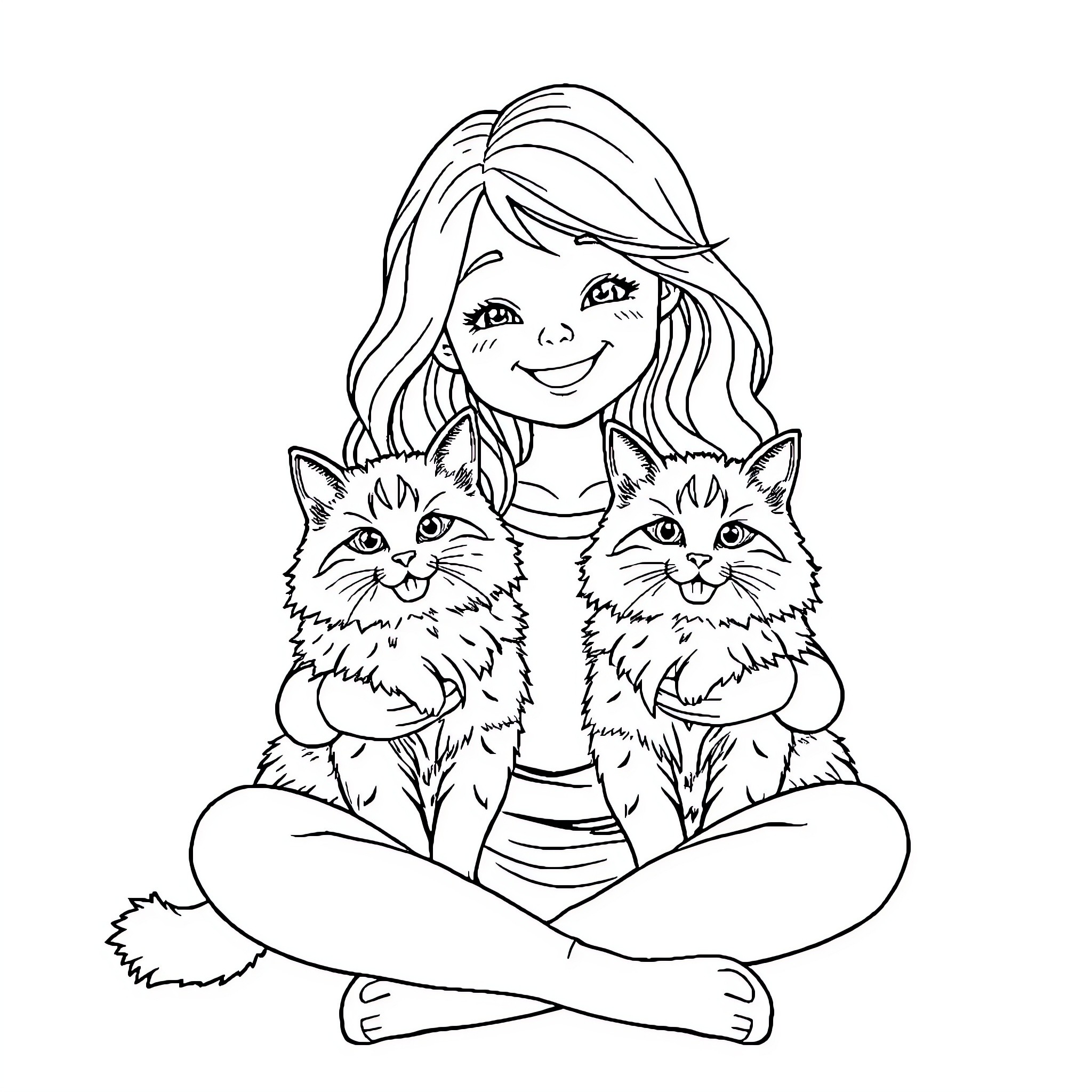 Girl playing with adorable kittens Coloring Page (free black-and-white line drawing printable PDF for all, from beginners to advanced learners, including children, teens, adults, and seniors)