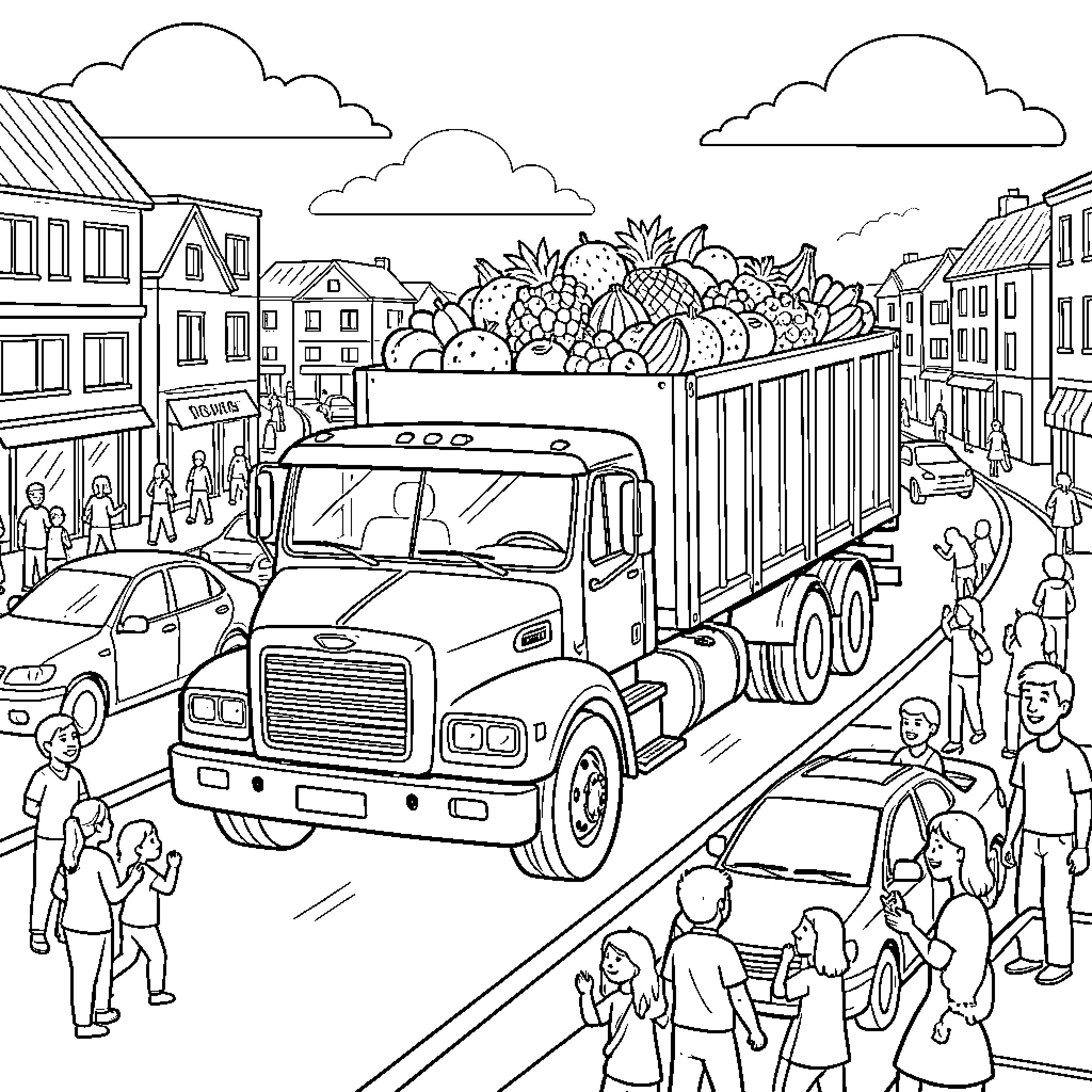 Truck Transporting Produce Through Bustling City Street Coloring Page (free black-and-white line drawing printable PDF for all, from beginners to advanced learners, including children, teens, adults, and seniors)