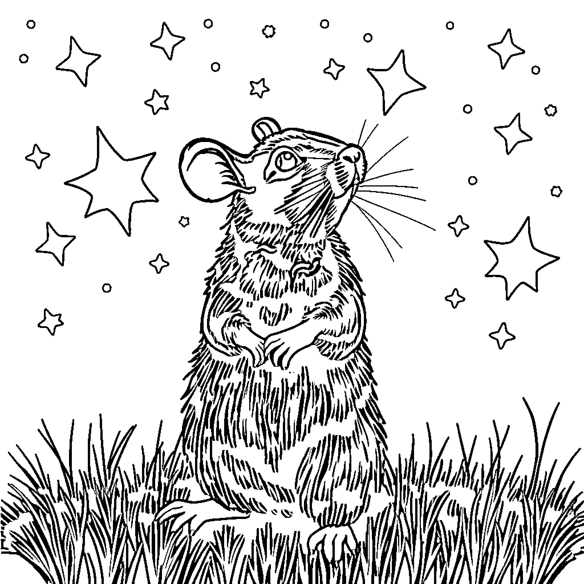 Raccoon gazing up at the starry night sky Coloring Page (free black-and-white line drawing printable PDF for all, from beginners to advanced learners, including children, teens, adults, and seniors)