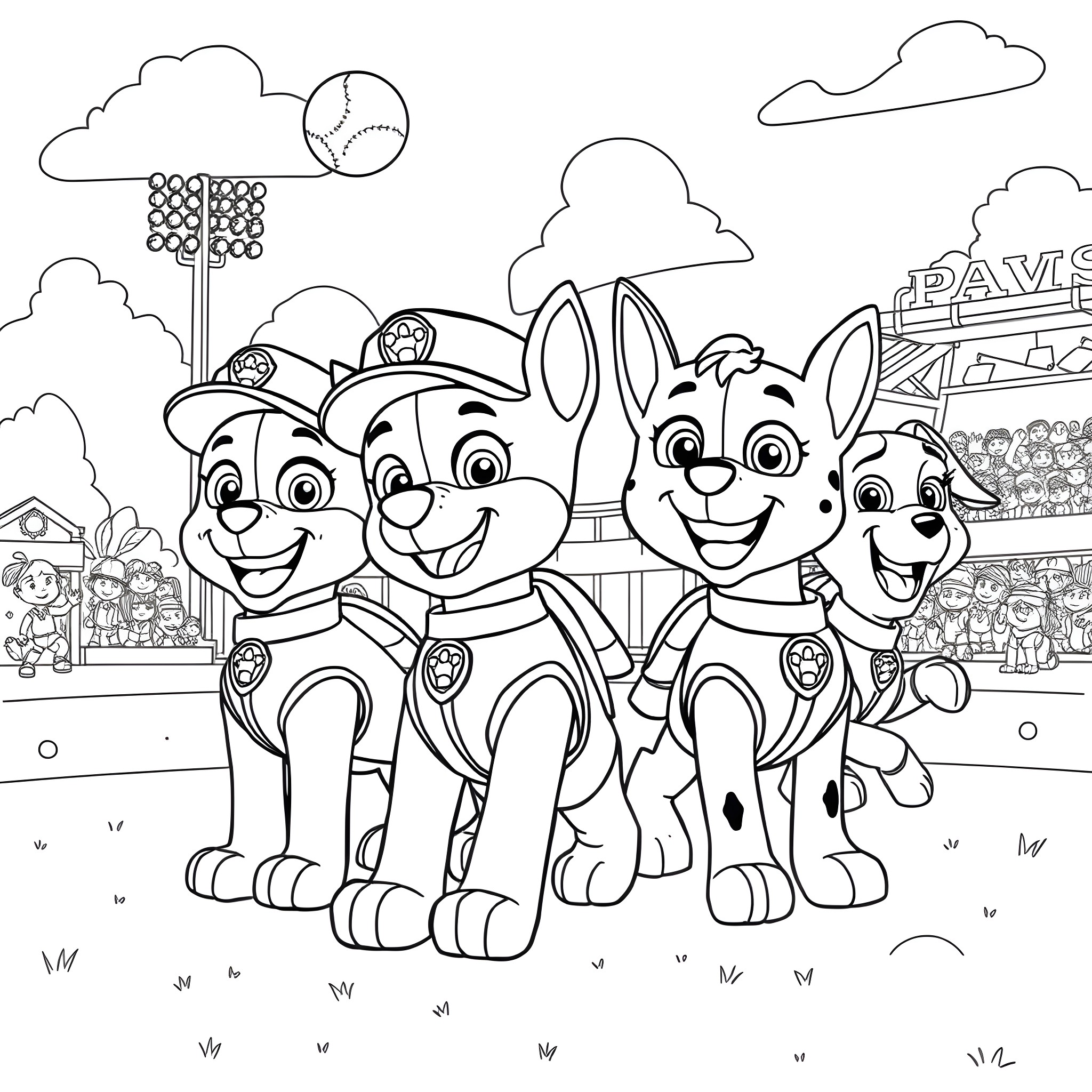 Paw Patrol characters on a sports field Coloring Page (free black-and-white line drawing printable PDF for all, from beginners to advanced learners, including children, teens, adults, and seniors)