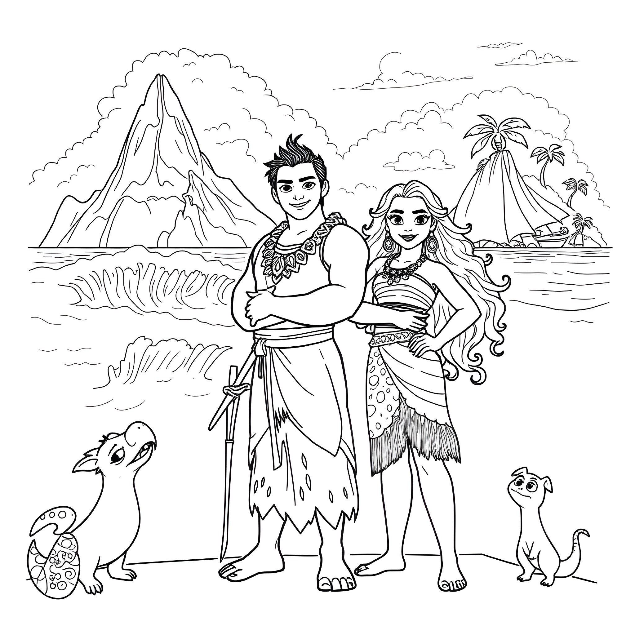 Moana and Maui in a tropical island scene Coloring Page (free black-and-white line drawing printable PDF for all, from beginners to advanced learners, including children, teens, adults, and seniors)