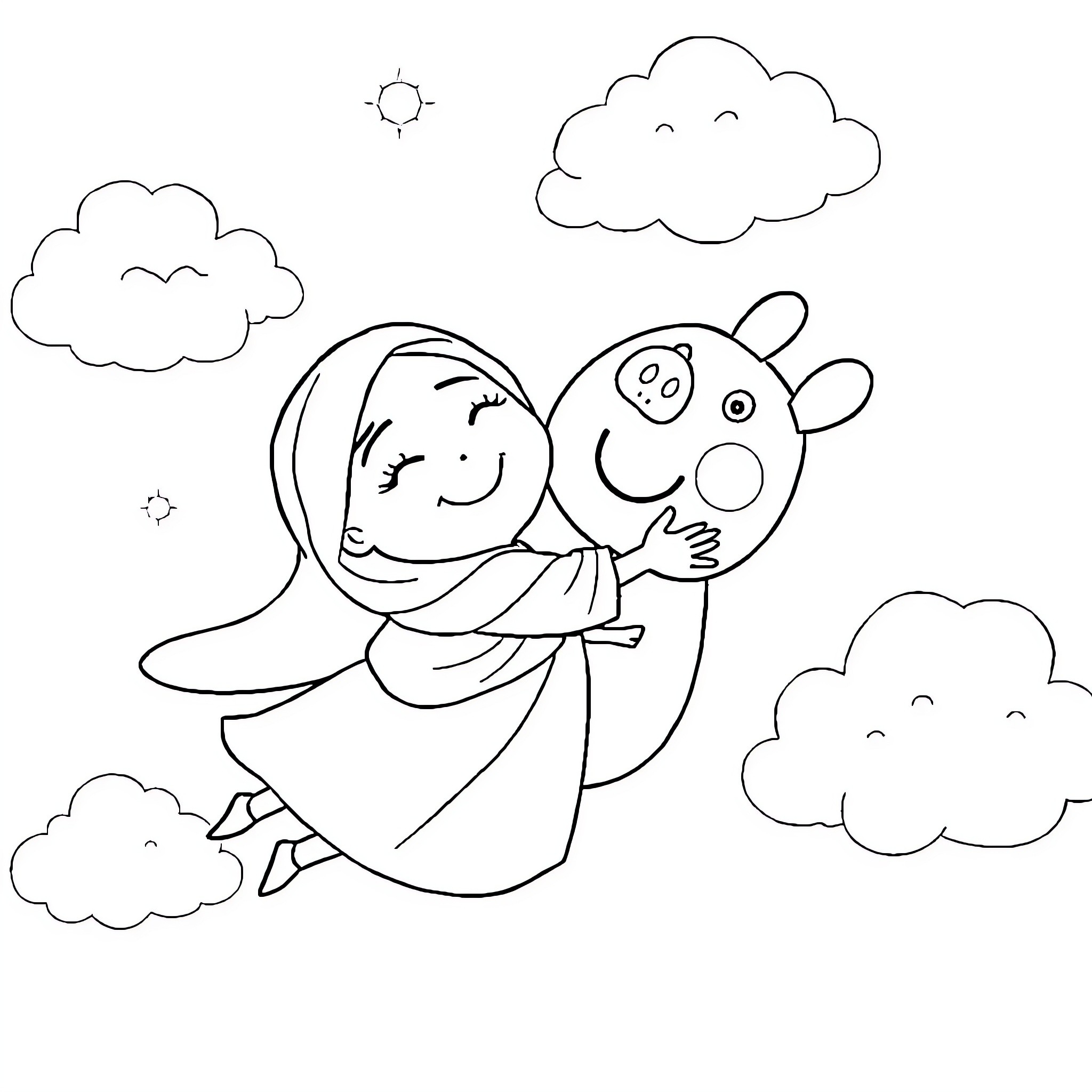 Raya hugging a happy cartoon character in the sky Coloring Page (free black-and-white line drawing printable PDF for all, from beginners to advanced learners, including children, teens, adults, and seniors)