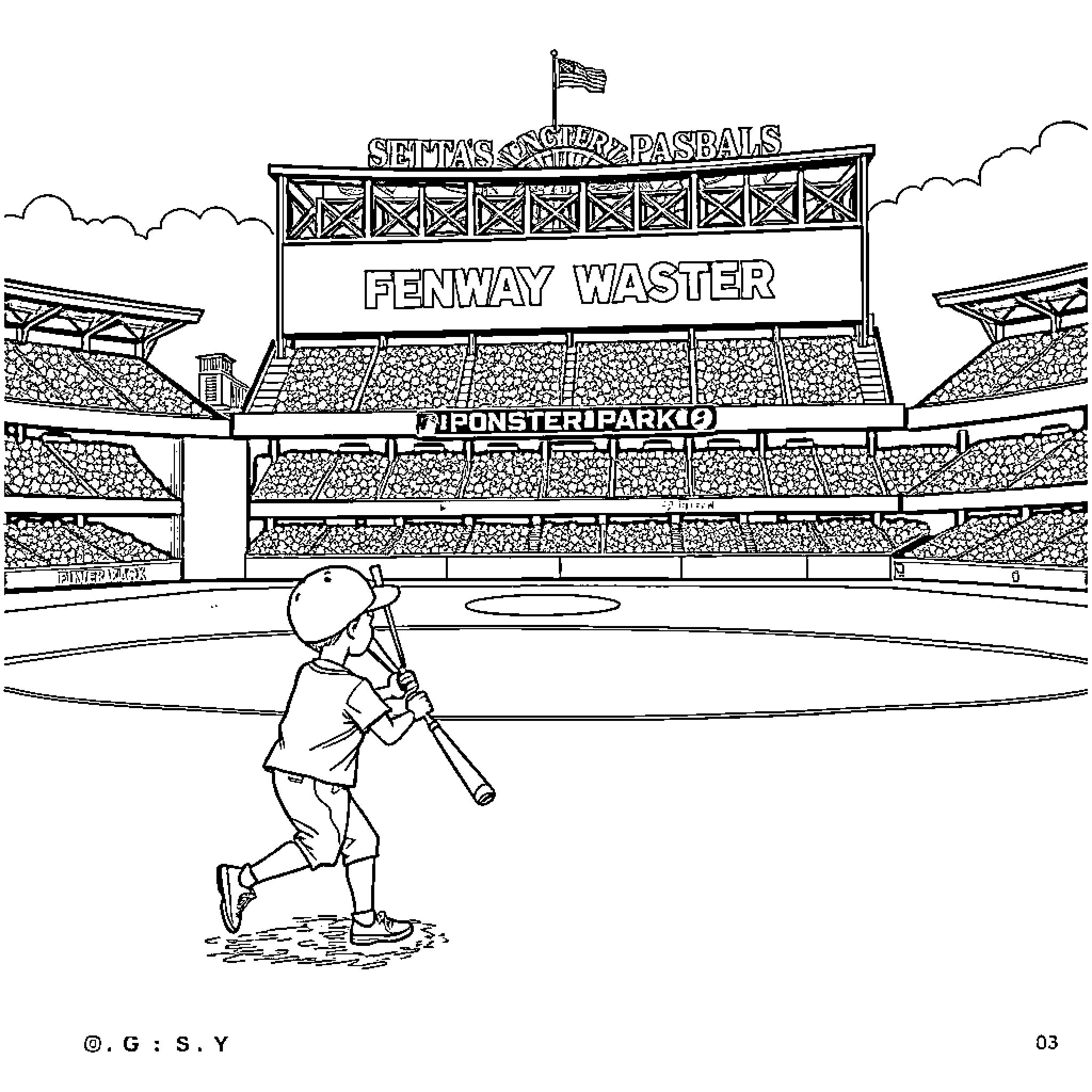 Baseball player batting at Fenway Stadium Coloring Page (free black-and-white line drawing printable PDF for all, from beginners to advanced learners, including children, teens, adults, and seniors)