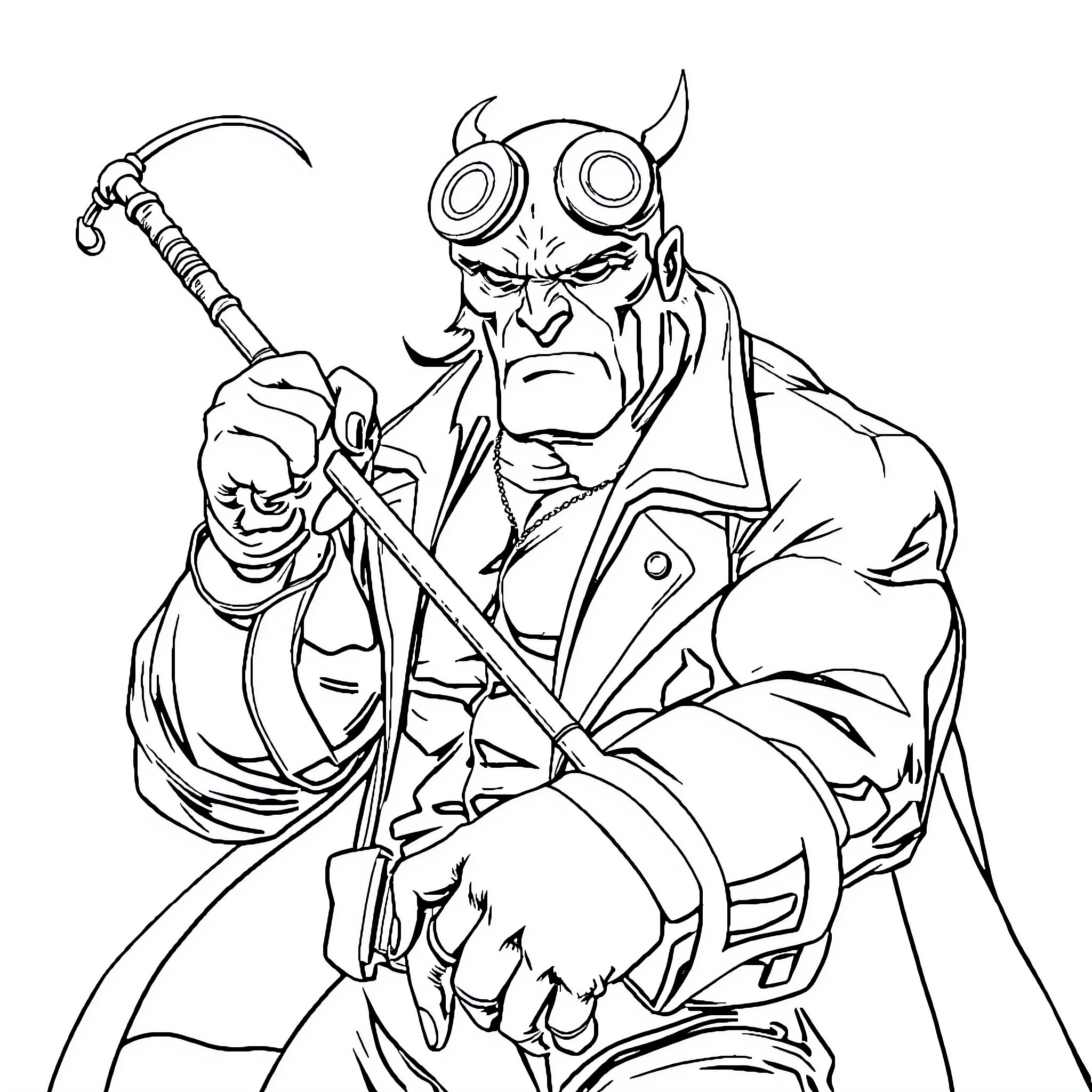 Hellboy brandishing his iconic weapon Coloring Page (free black-and-white line drawing printable PDF for all, from beginners to advanced learners, including children, teens, adults, and seniors)