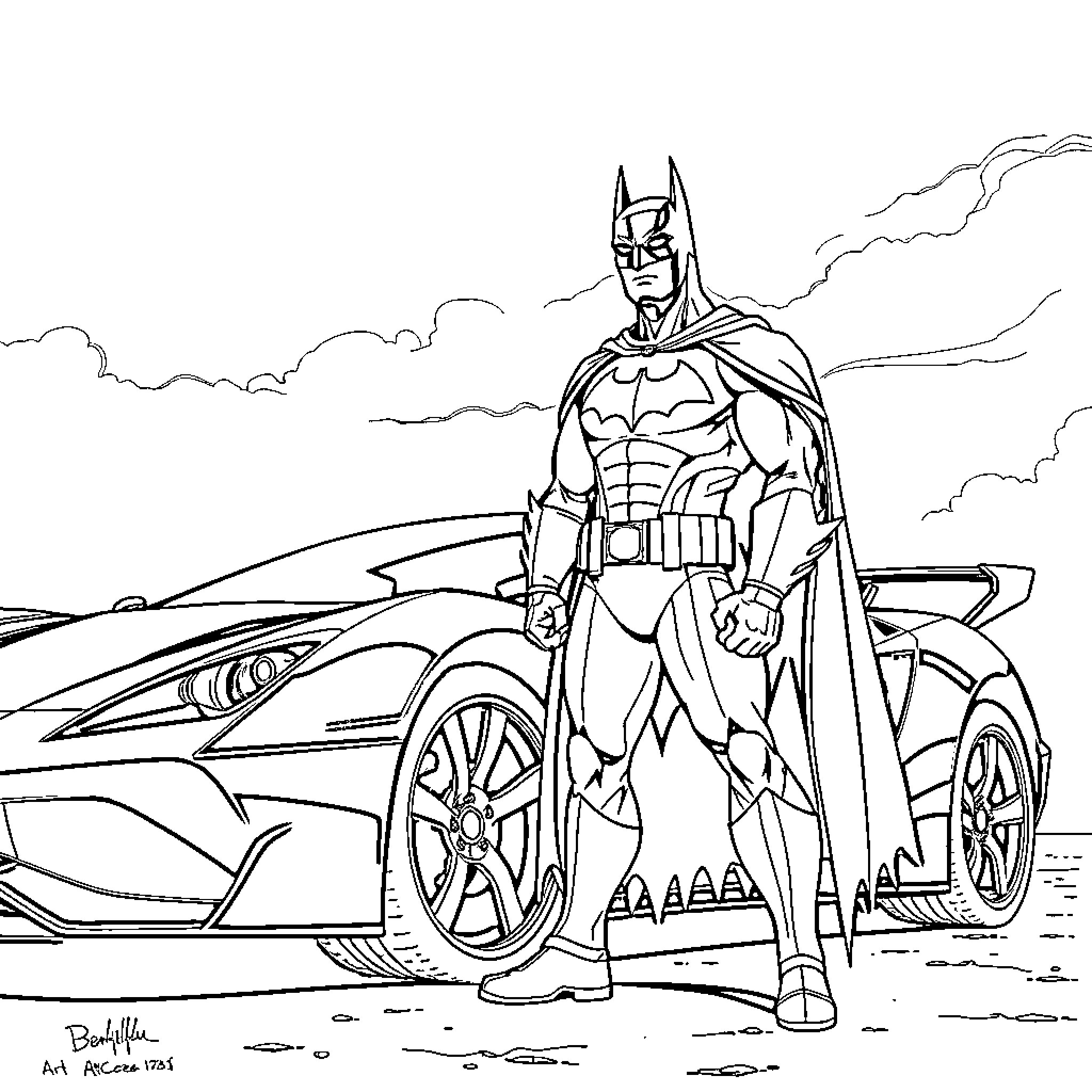 Batman posing heroically in front of a high-performance vehicle Coloring Page (free black-and-white line drawing printable PDF for all, from beginners to advanced learners, including children, teens, adults, and seniors)