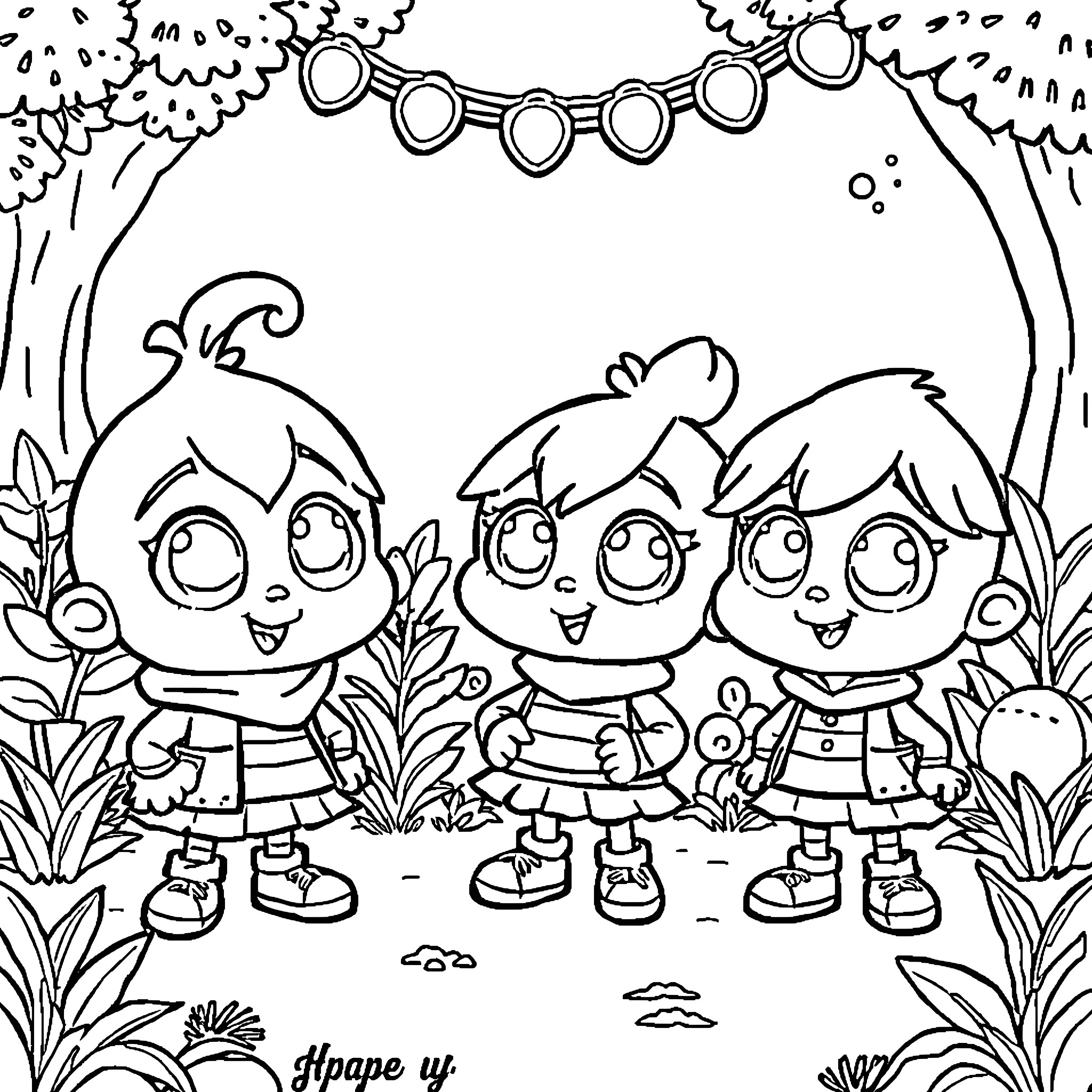 Sprunki friends exploring the magical forest Coloring Page (free black-and-white line drawing printable PDF for all, from beginners to advanced learners, including children, teens, adults, and seniors)