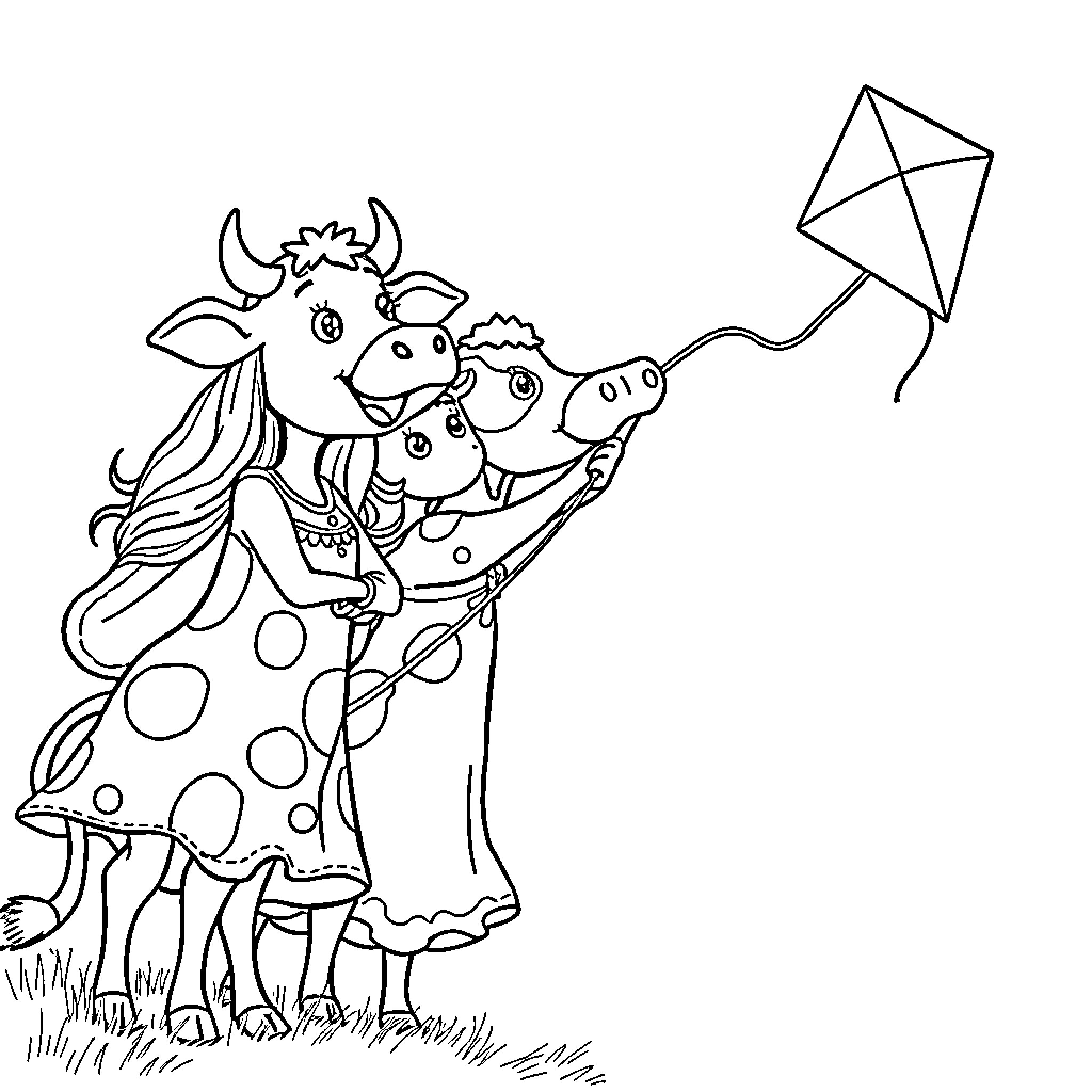 Cow flying kite with child in field Coloring Page (free black-and-white line drawing printable PDF for all, from beginners to advanced learners, including children, teens, adults, and seniors)