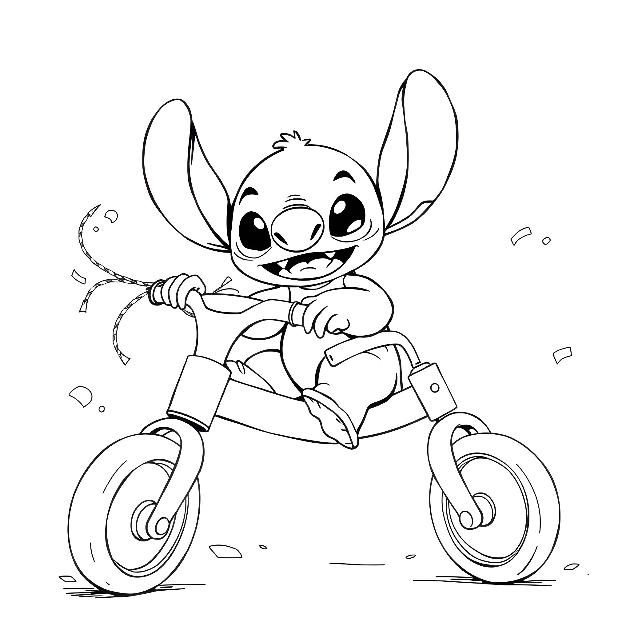 Stitch riding a bicycle happily Coloring Page (free black-and-white line drawing printable PDF for all, from beginners to advanced learners, including children, teens, adults, and seniors)