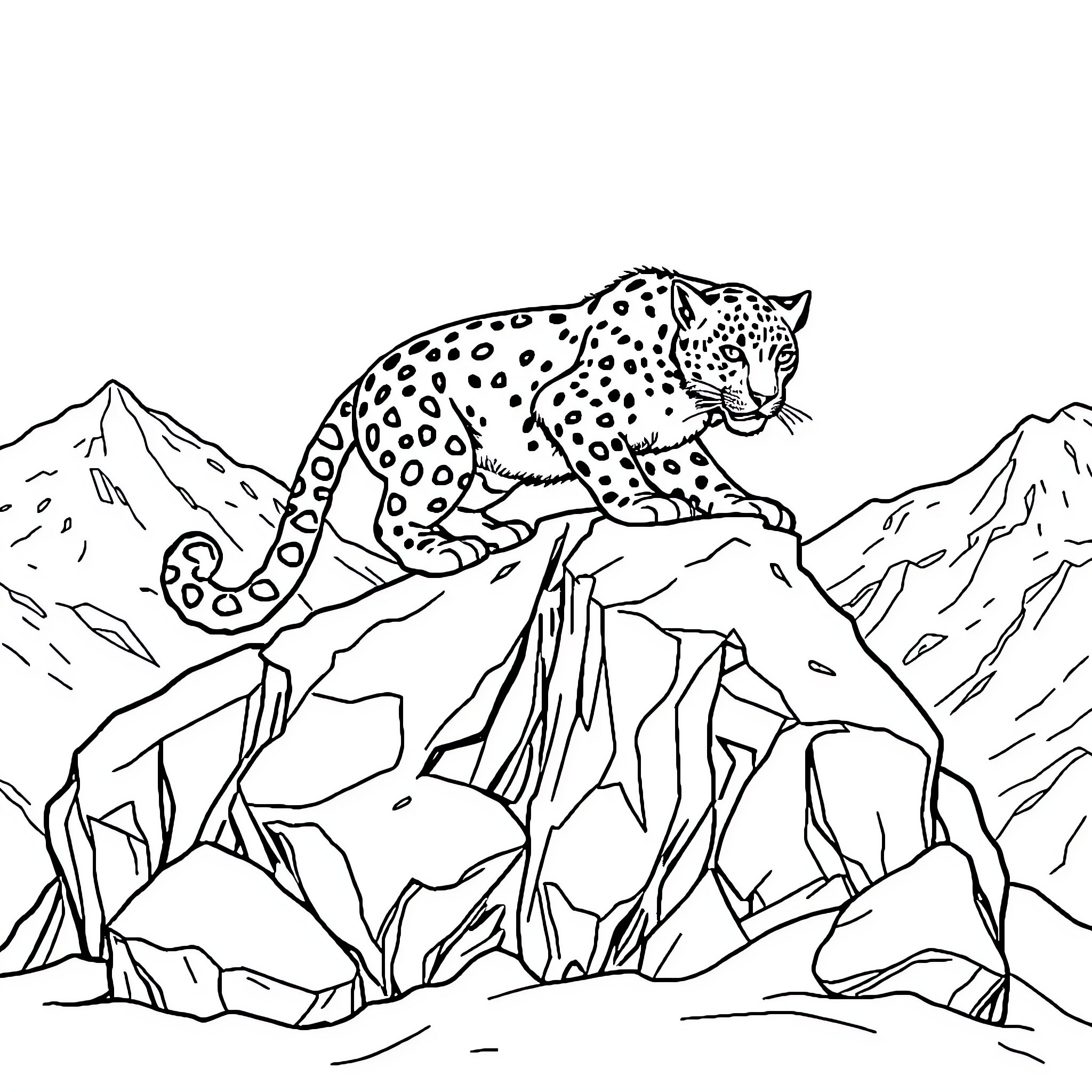 Snow Leopard Prowling on Rocky Mountain Terrain Coloring Page (free black-and-white line drawing printable PDF for all, from beginners to advanced learners, including children, teens, adults, and seniors)