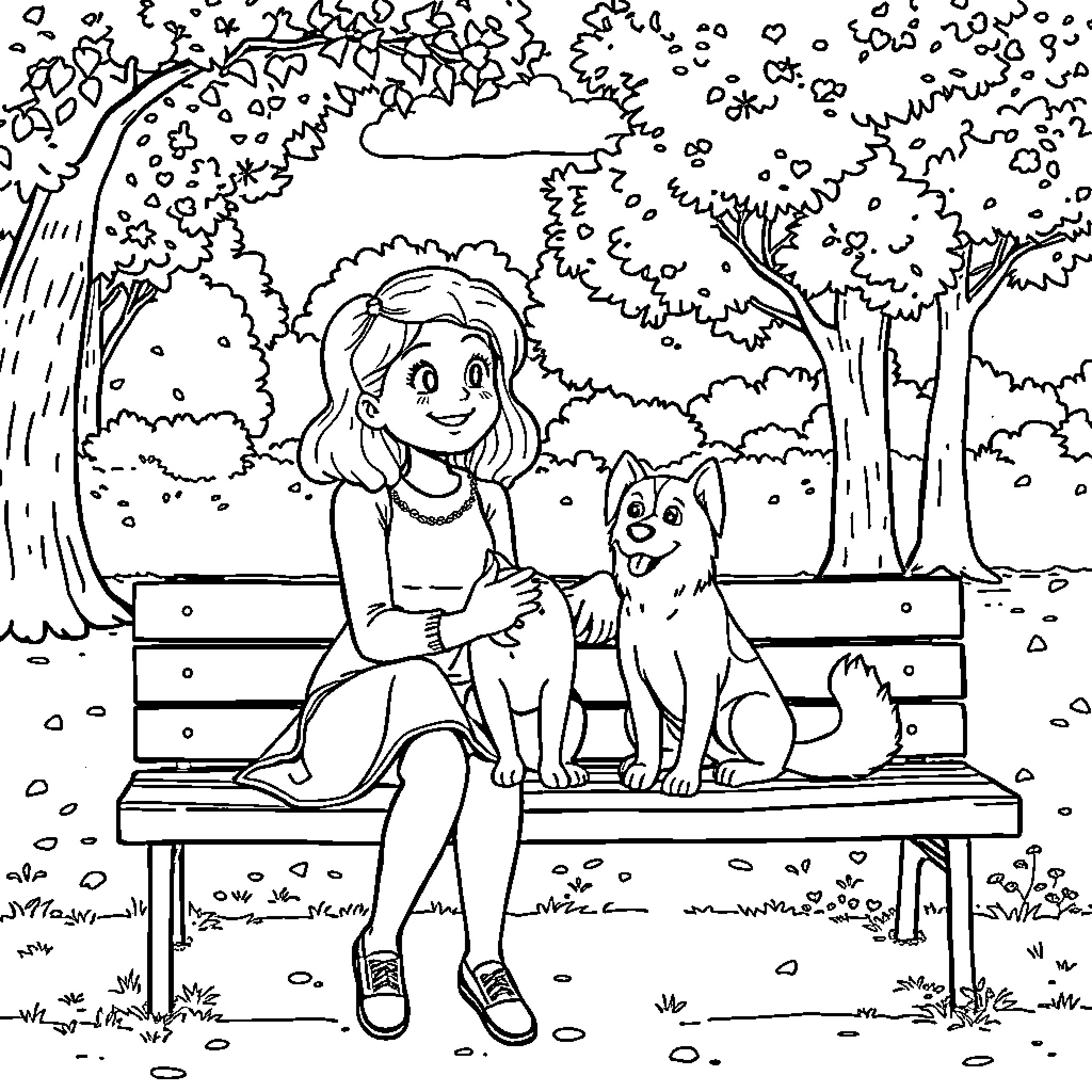 Holly Relaxes with Her Canine Companion in the Park Coloring Page (free black-and-white line drawing printable PDF for all, from beginners to advanced learners, including children, teens, adults, and seniors)