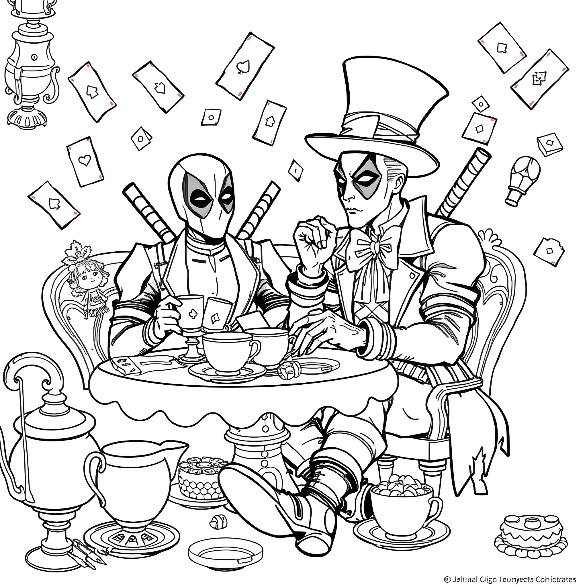 Deadpool Shares Afternoon Tea with Mad Hatter Coloring Page (free black-and-white line drawing printable PDF for all, from beginners to advanced learners, including children, teens, adults, and seniors)