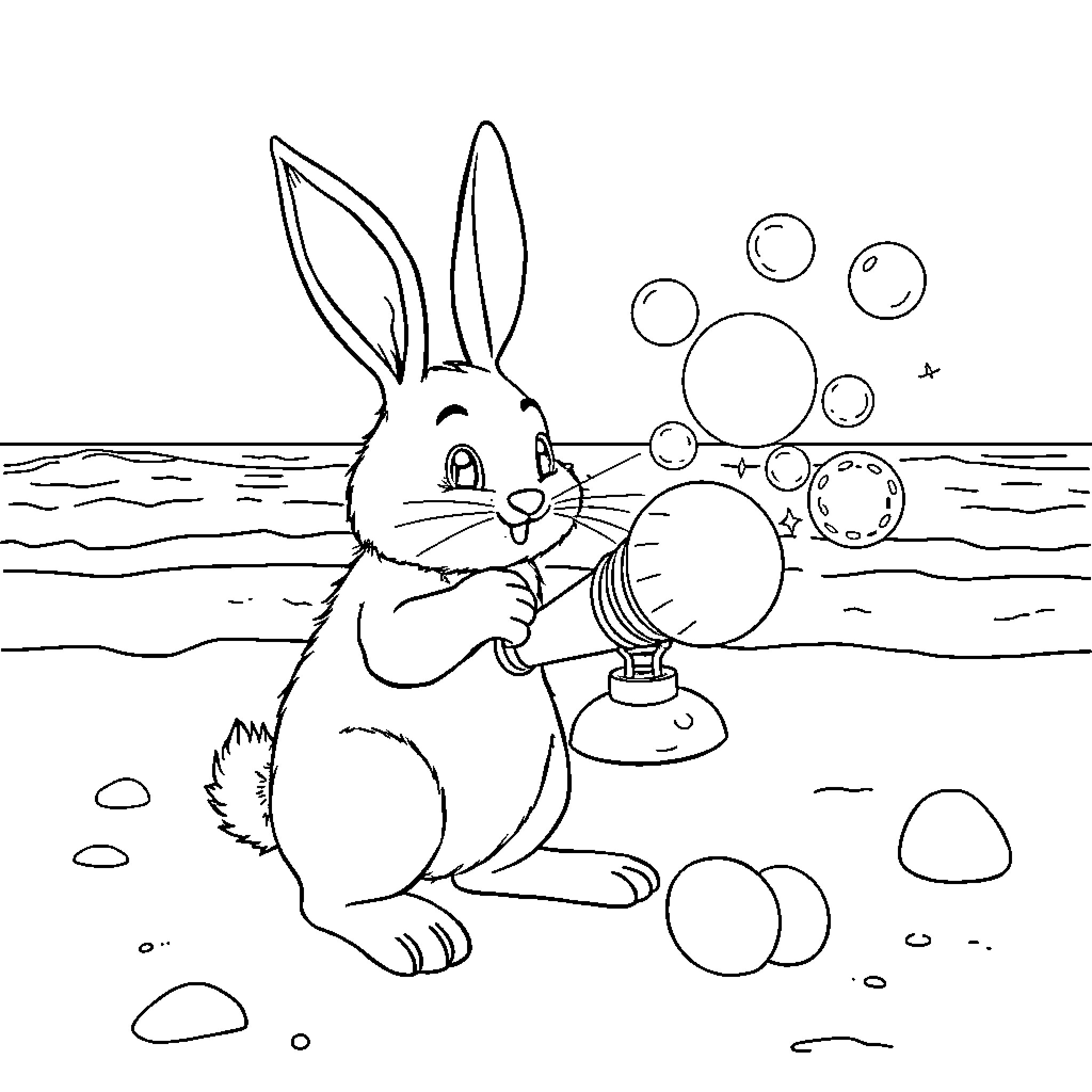 Bunny blowing bubbles on the beach Coloring Page (free black-and-white line drawing printable PDF for all, from beginners to advanced learners, including children, teens, adults, and seniors)