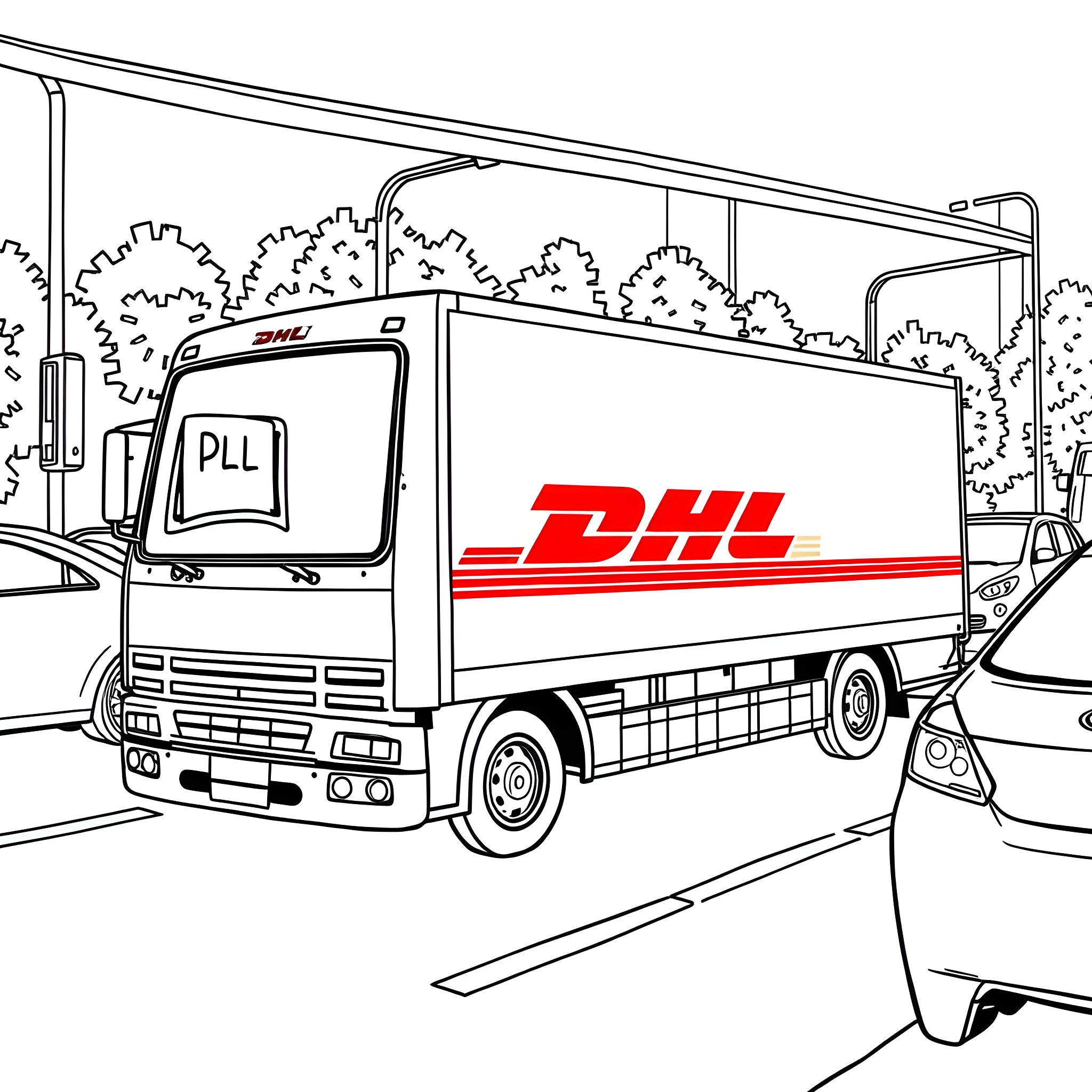 DHL Delivery Truck on the Road Coloring Page (free black-and-white line drawing printable PDF for all, from beginners to advanced learners, including children, teens, adults, and seniors)