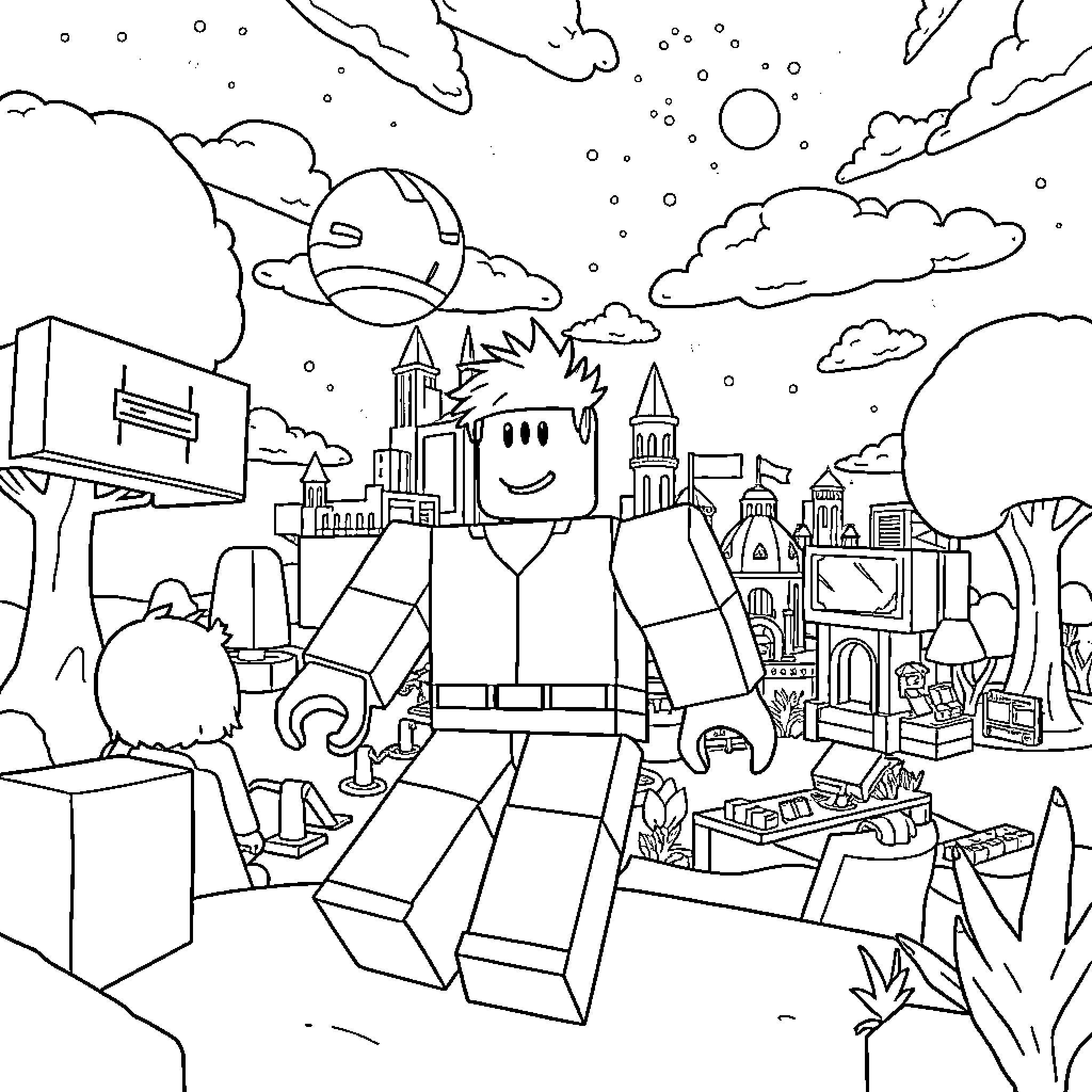 Roblox Characters in a Whimsical Landscape Coloring Page (free black-and-white line drawing printable PDF for all, from beginners to advanced learners, including children, teens, adults, and seniors)