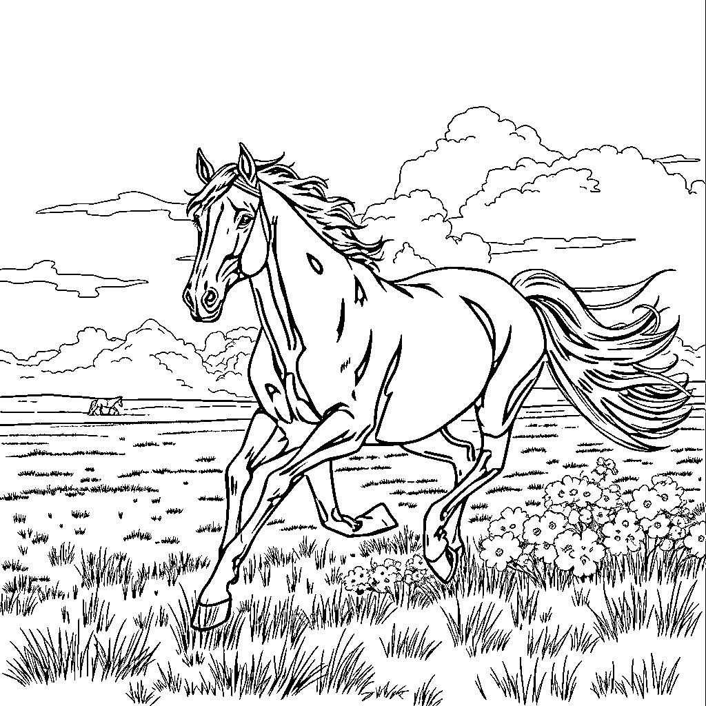 Horse galloping freely through the scenic countryside Coloring Page (free black-and-white line drawing printable PDF for all, from beginners to advanced learners, including children, teens, adults, and seniors)