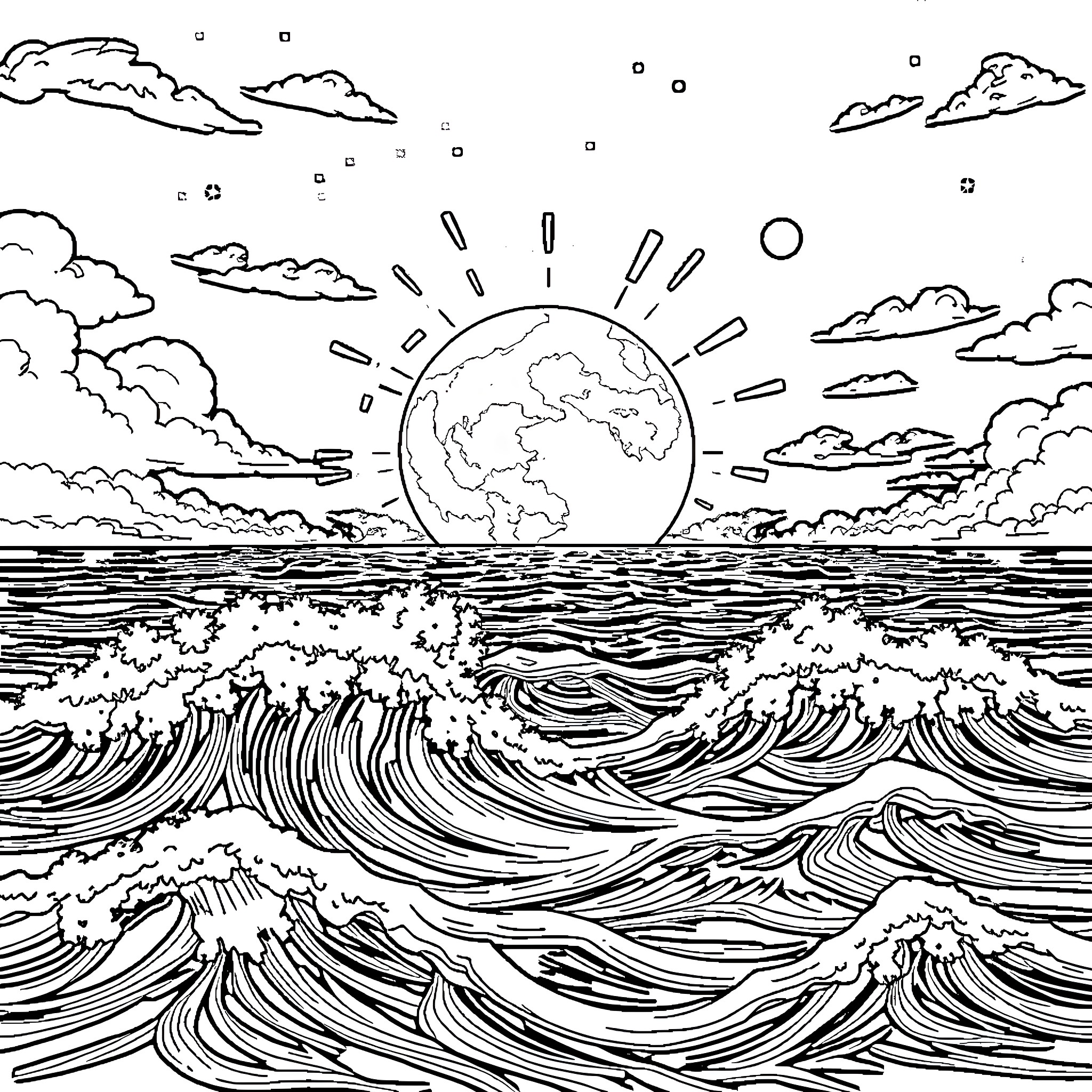 Moon rises over the vast ocean waves Coloring Page (free black-and-white line drawing printable PDF for all, from beginners to advanced learners, including children, teens, adults, and seniors)