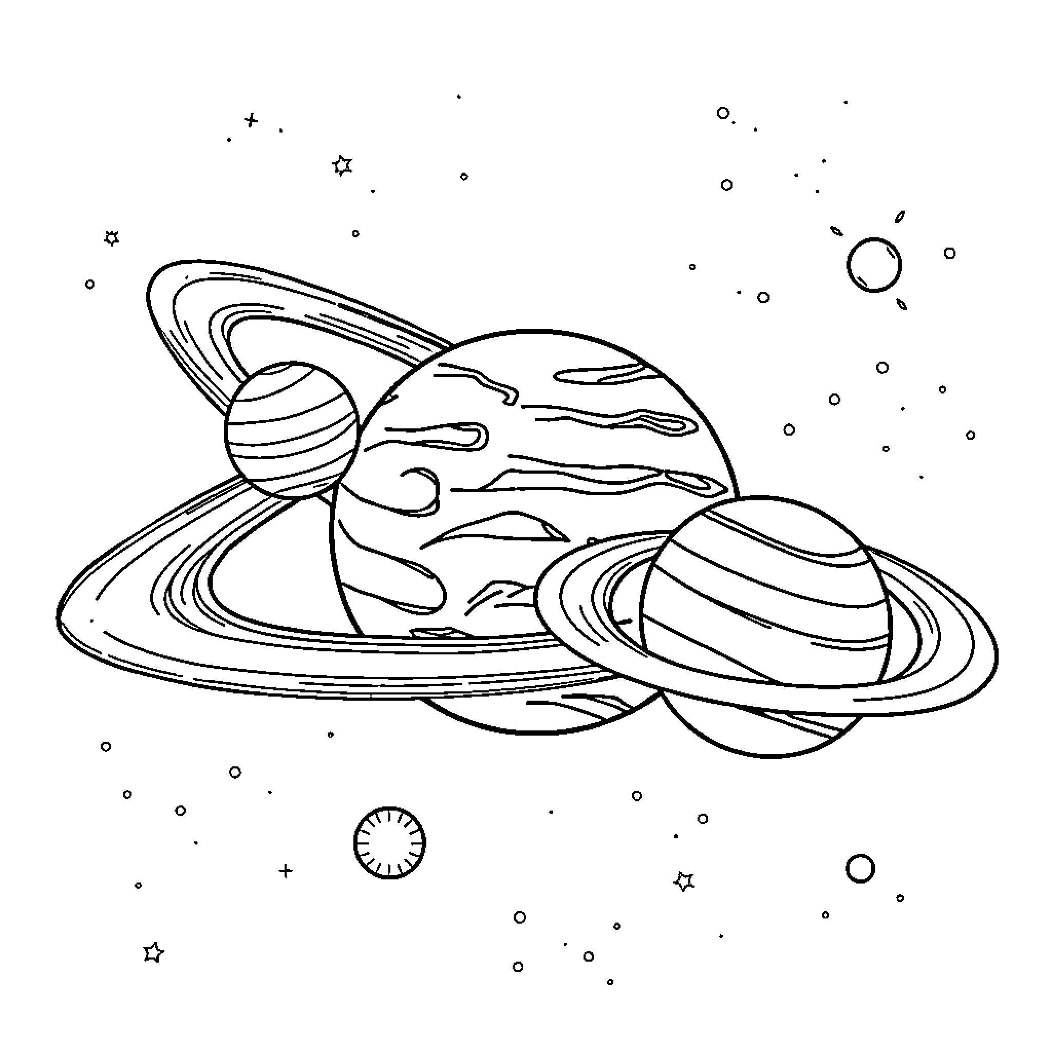 Solar System with Planetary Silhouettes Coloring Page (free black-and-white line drawing printable PDF for all, from beginners to advanced learners, including children, teens, adults, and seniors)