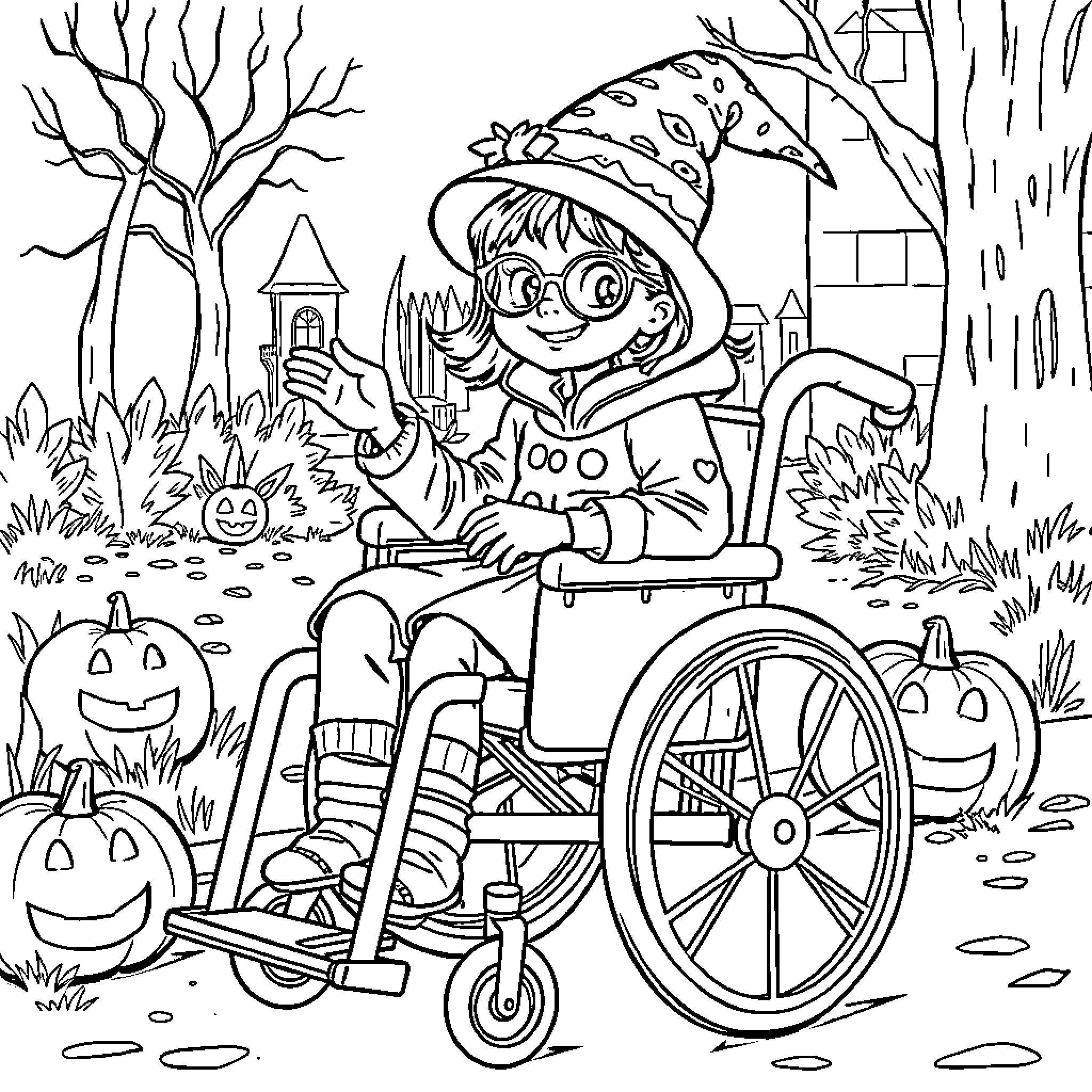 Girl in Halloween costume riding a wagon in the park Coloring Page (free black-and-white line drawing printable PDF for all, from beginners to advanced learners, including children, teens, adults, and seniors)