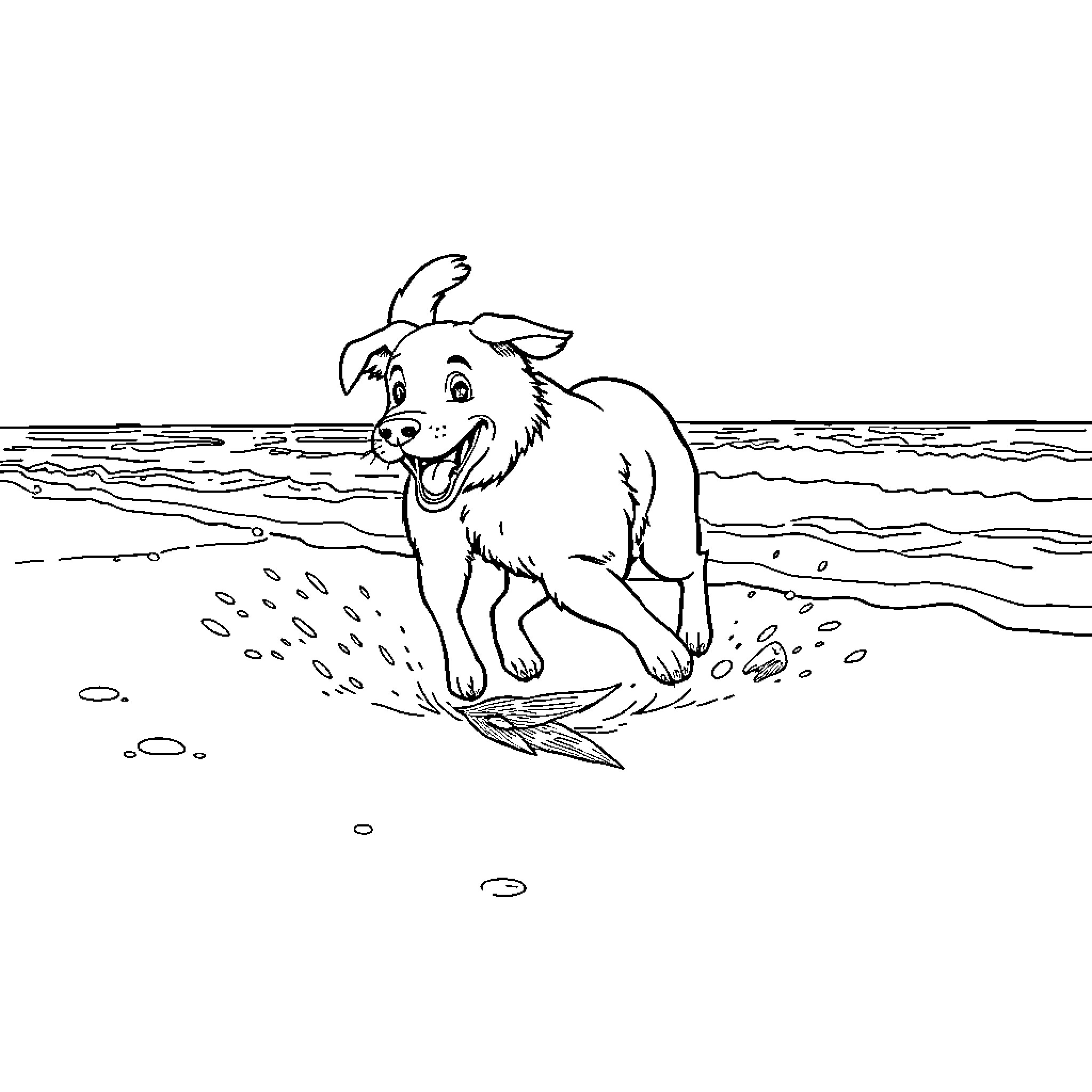 Dog happily playing in the waves Coloring Page (free black-and-white line drawing printable PDF for all, from beginners to advanced learners, including children, teens, adults, and seniors)