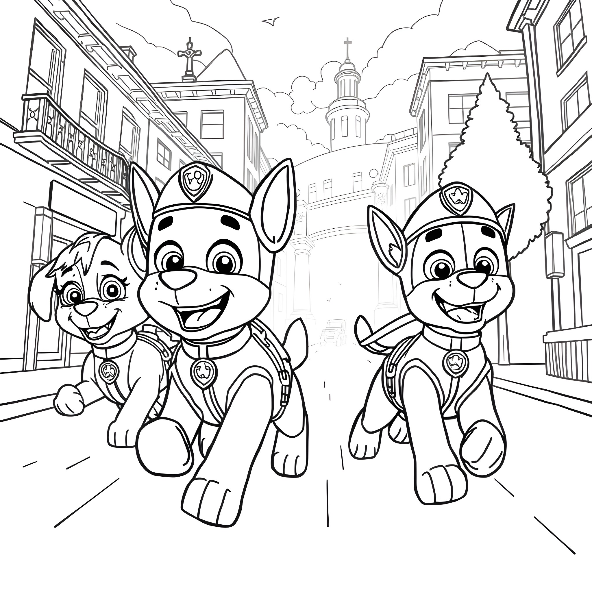 Paw Patrol Pups Exploring the City Streets Coloring Page (free black-and-white line drawing printable PDF for all, from beginners to advanced learners, including children, teens, adults, and seniors)