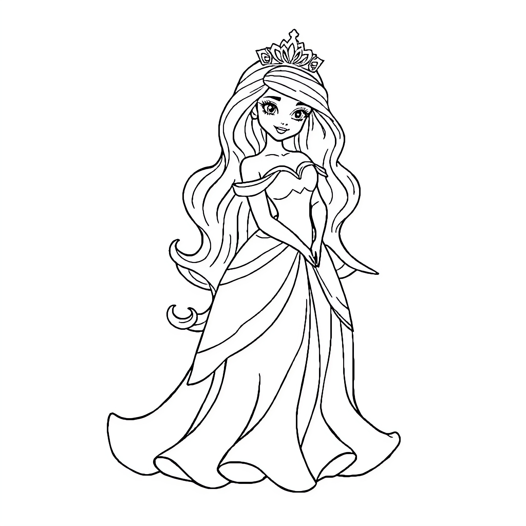 Princess in Formal Dress with Tiara Coloring Page (free black-and-white line drawing printable PDF for all, from beginners to advanced learners, including children, teens, adults, and seniors)
