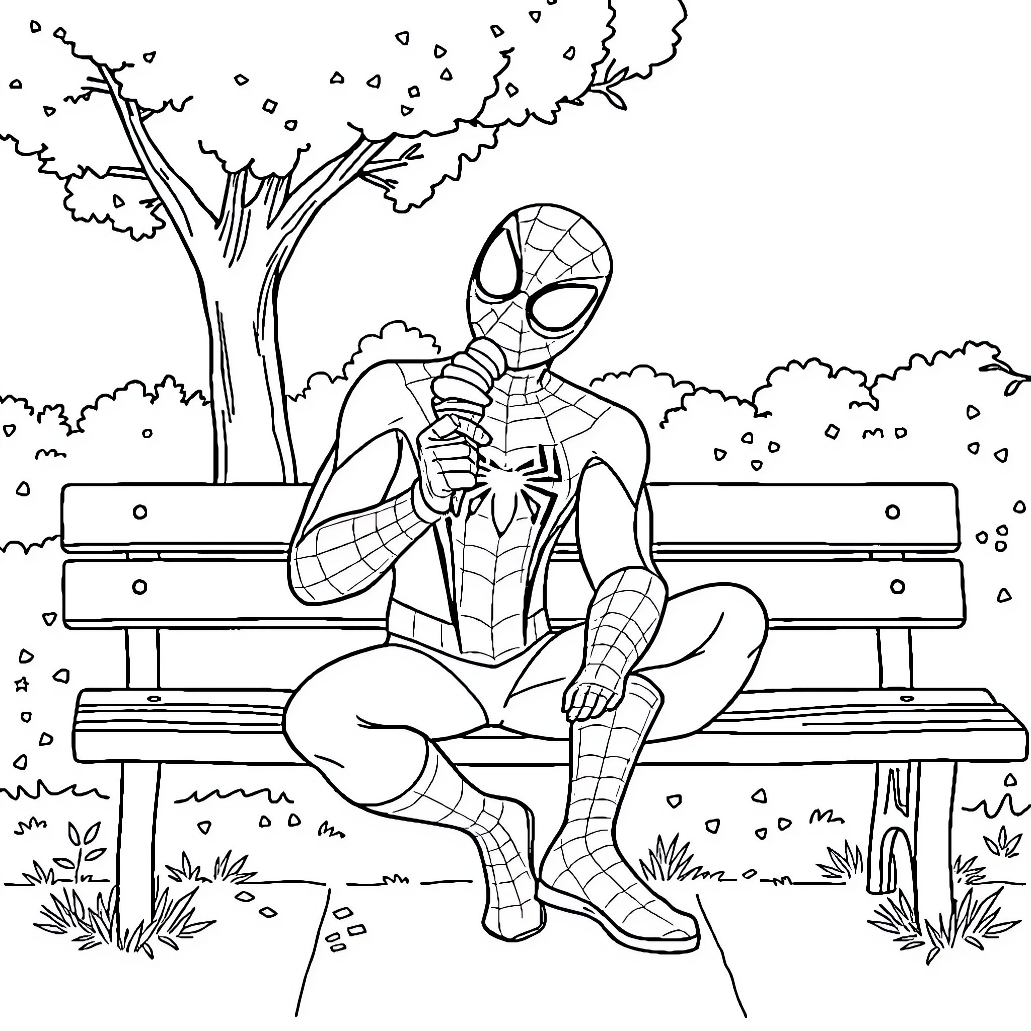 Spider-Man relaxing on a park bench Coloring Page (free black-and-white line drawing printable PDF for all, from beginners to advanced learners, including children, teens, adults, and seniors)