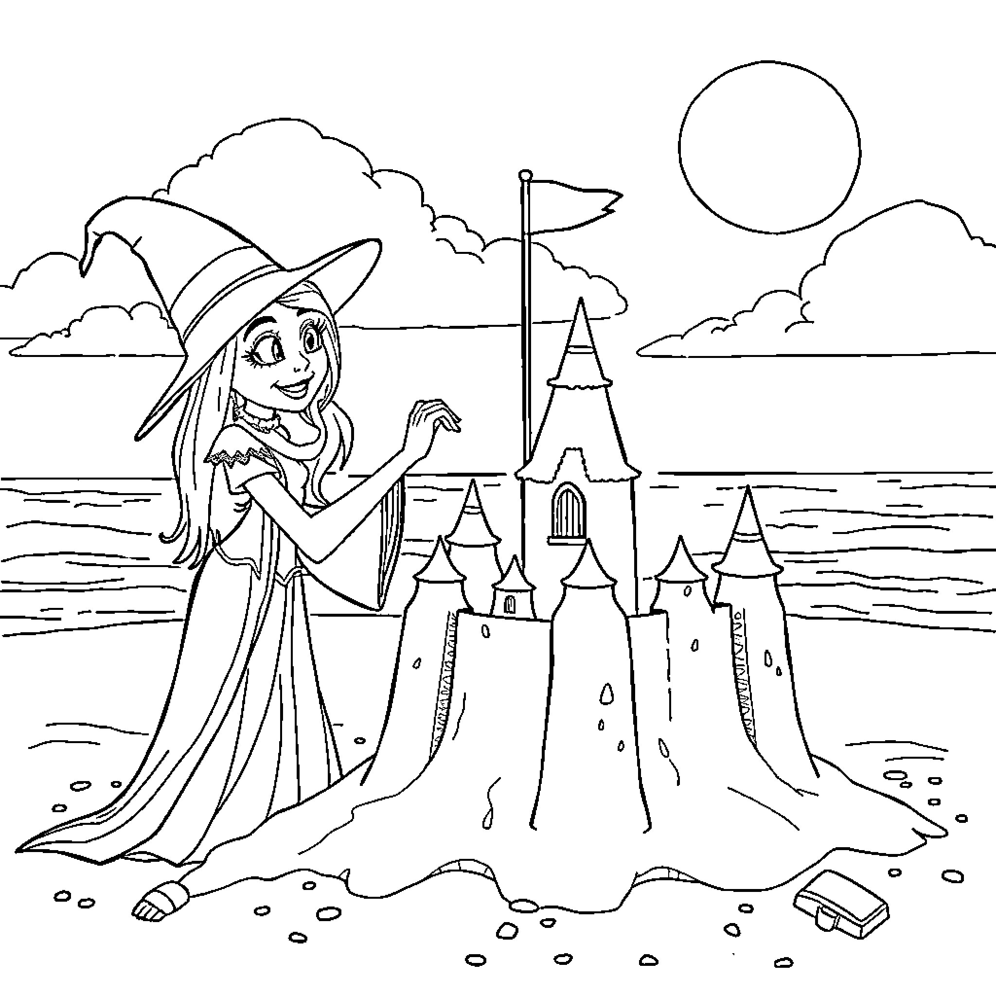 Mal's Magical Castle by the Sea Coloring Page (free black-and-white line drawing printable PDF for all, from beginners to advanced learners, including children, teens, adults, and seniors)