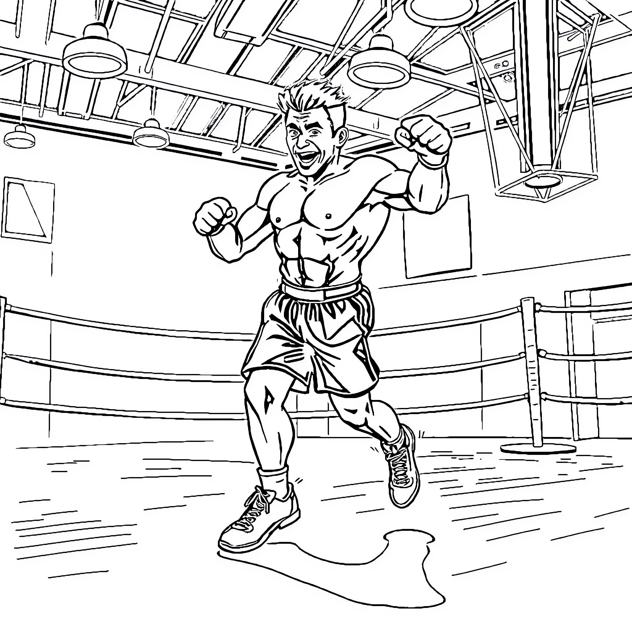 Rolly Romero Triumphantly Celebrates in Boxing Ring Coloring Page (free black-and-white line drawing printable PDF for all, from beginners to advanced learners, including children, teens, adults, and seniors)