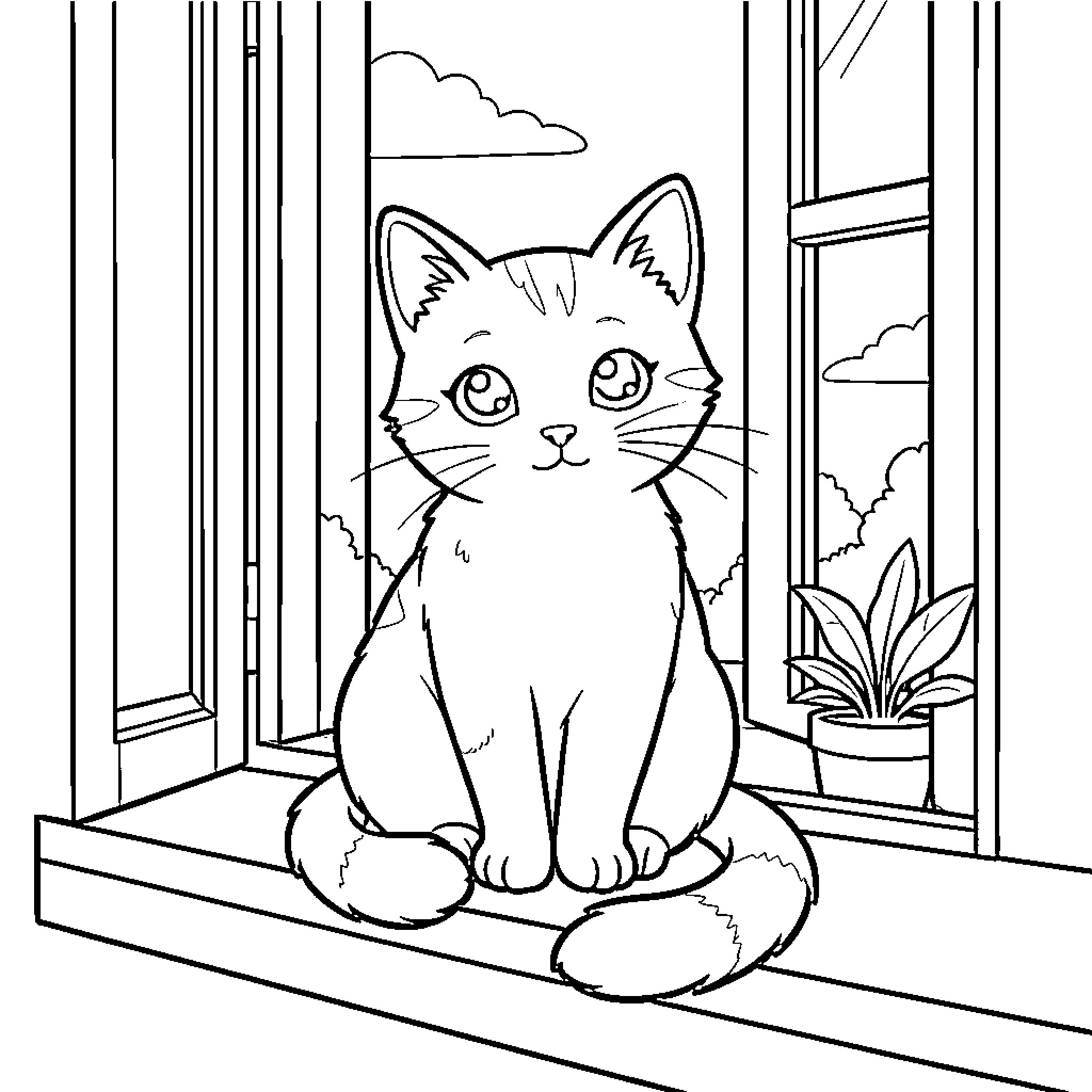 Cat looking out the window Coloring Page (free black-and-white line drawing printable PDF for all, from beginners to advanced learners, including children, teens, adults, and seniors)