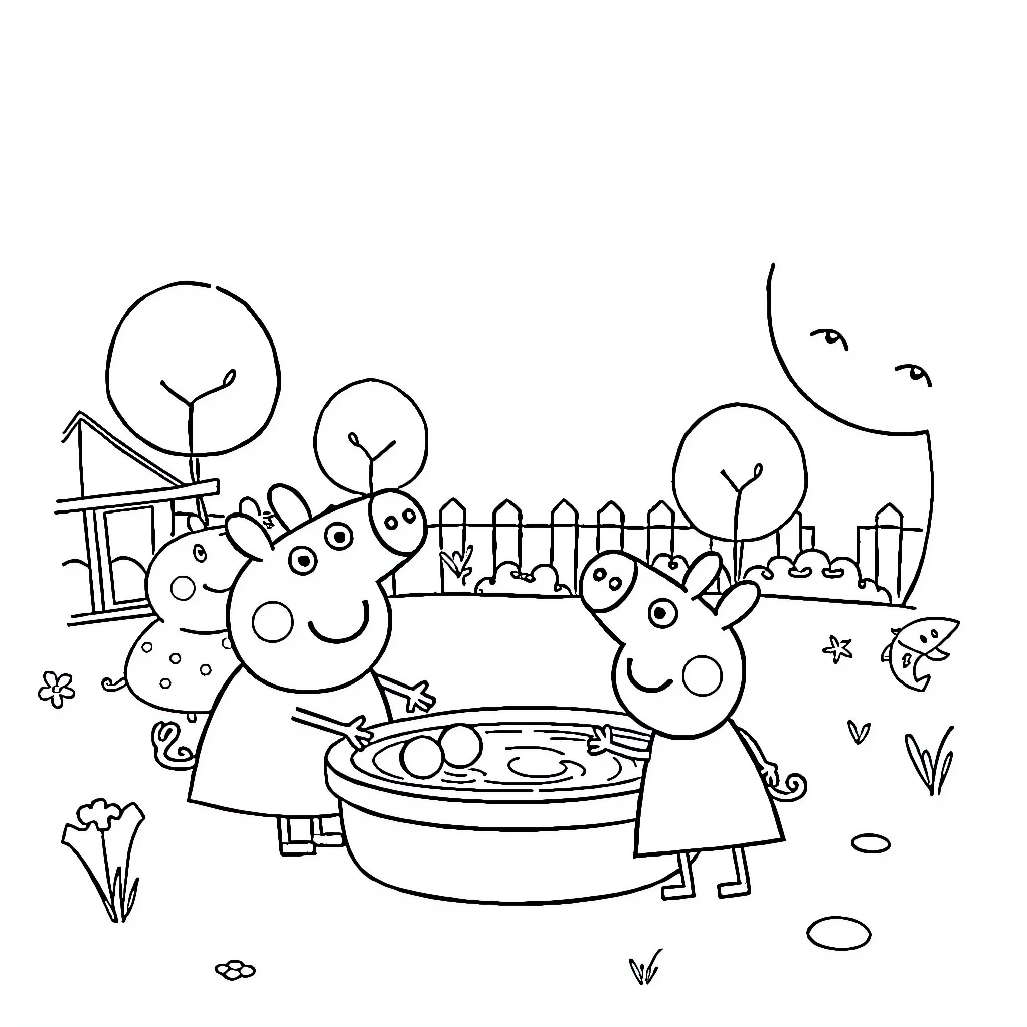 Peppa and her friends enjoy an outdoor picnic Coloring Page (free black-and-white line drawing printable PDF for all, from beginners to advanced learners, including children, teens, adults, and seniors)