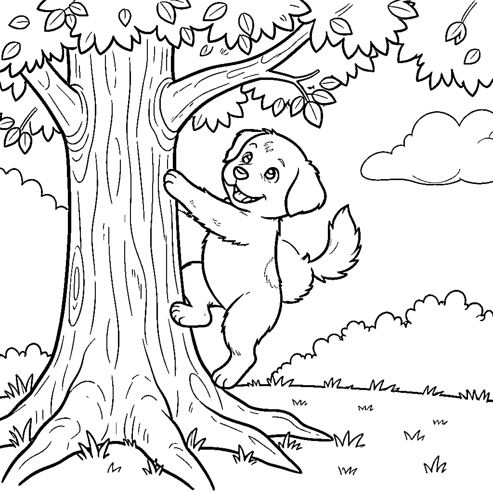 Perro jugando alegremente en el bosque Coloring Page (free black-and-white line drawing printable PDF for all, from beginners to advanced learners, including children, teens, adults, and seniors)