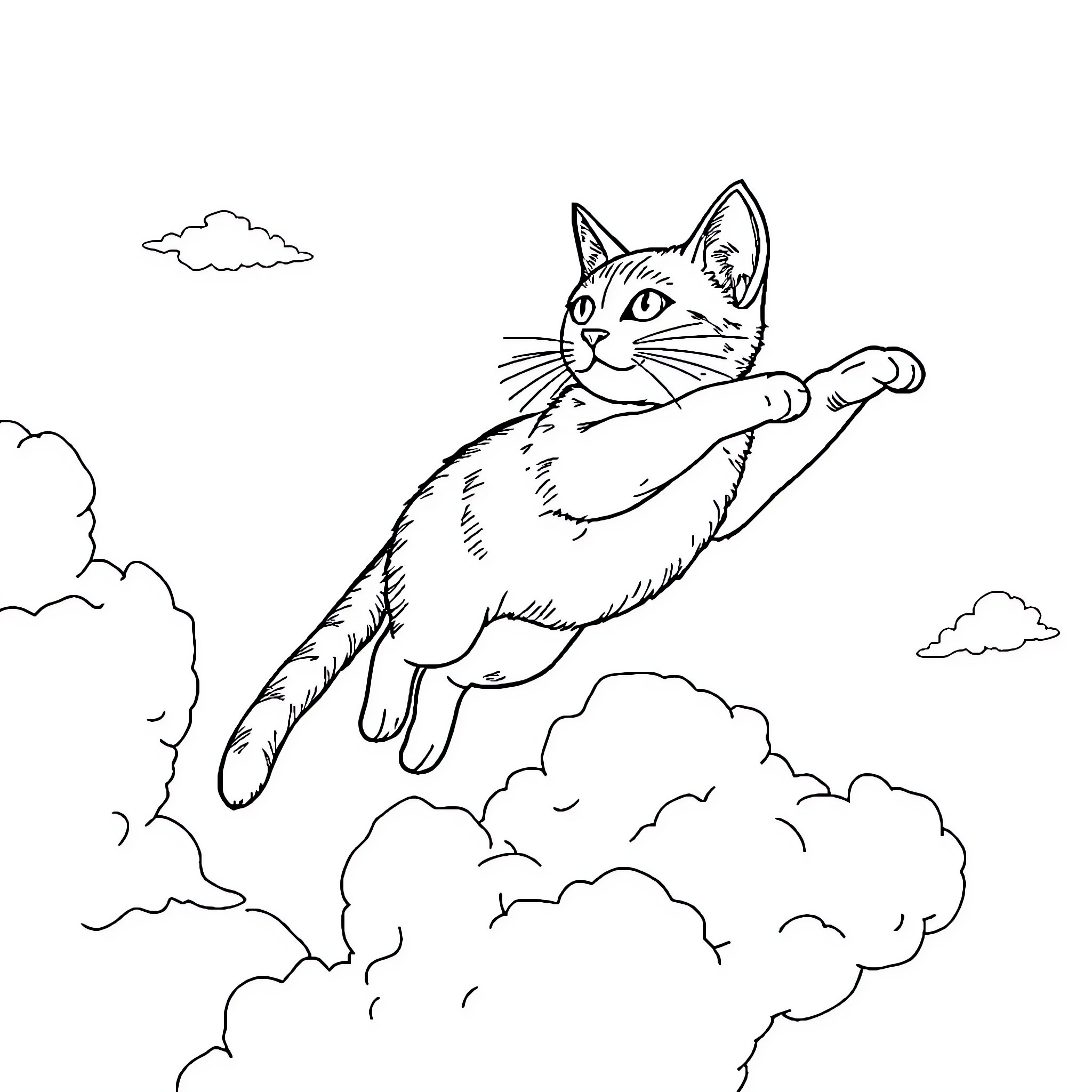 Cat flying among the clouds Coloring Page (free black-and-white line drawing printable PDF for all, from beginners to advanced learners, including children, teens, adults, and seniors)