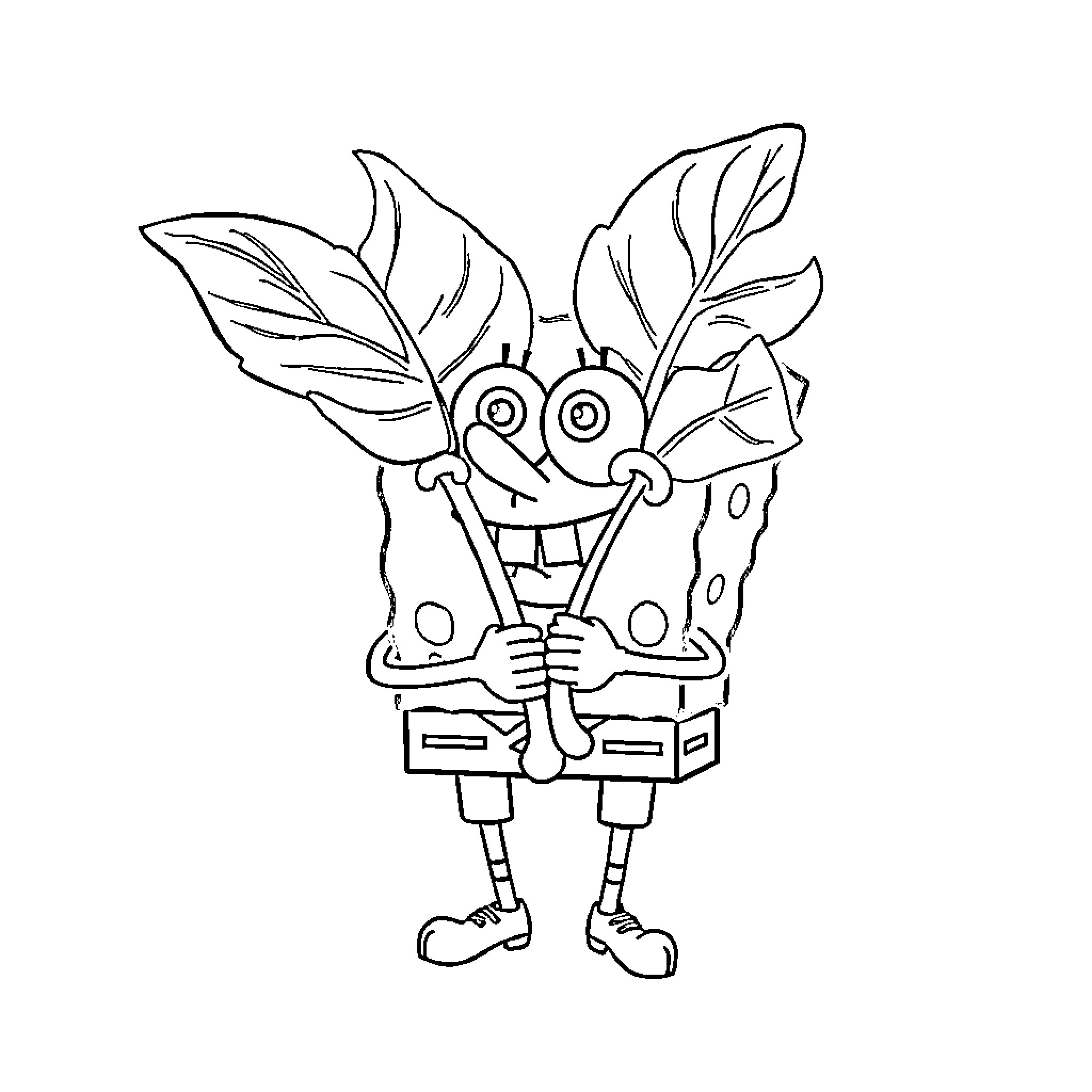 Spongebob making a silly expression with leaves Coloring Page (free black-and-white line drawing printable PDF for all, from beginners to advanced learners, including children, teens, adults, and seniors)