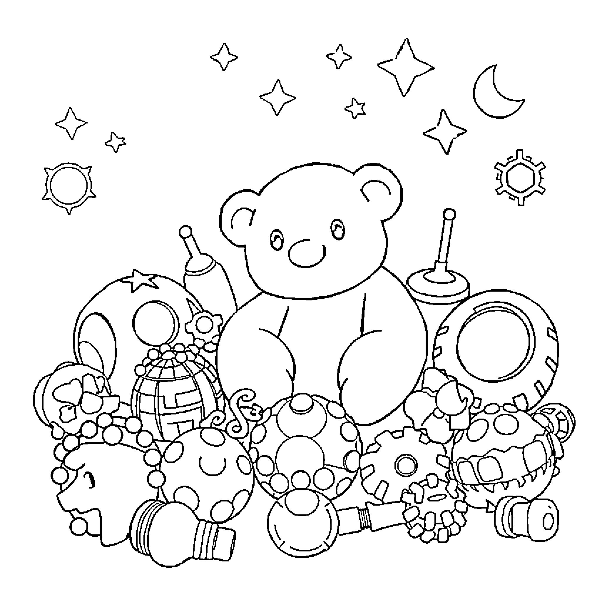 Sensory Toy with Playful Shapes and Patterns Coloring Page (free black-and-white line drawing printable PDF for all, from beginners to advanced learners, including children, teens, adults, and seniors)