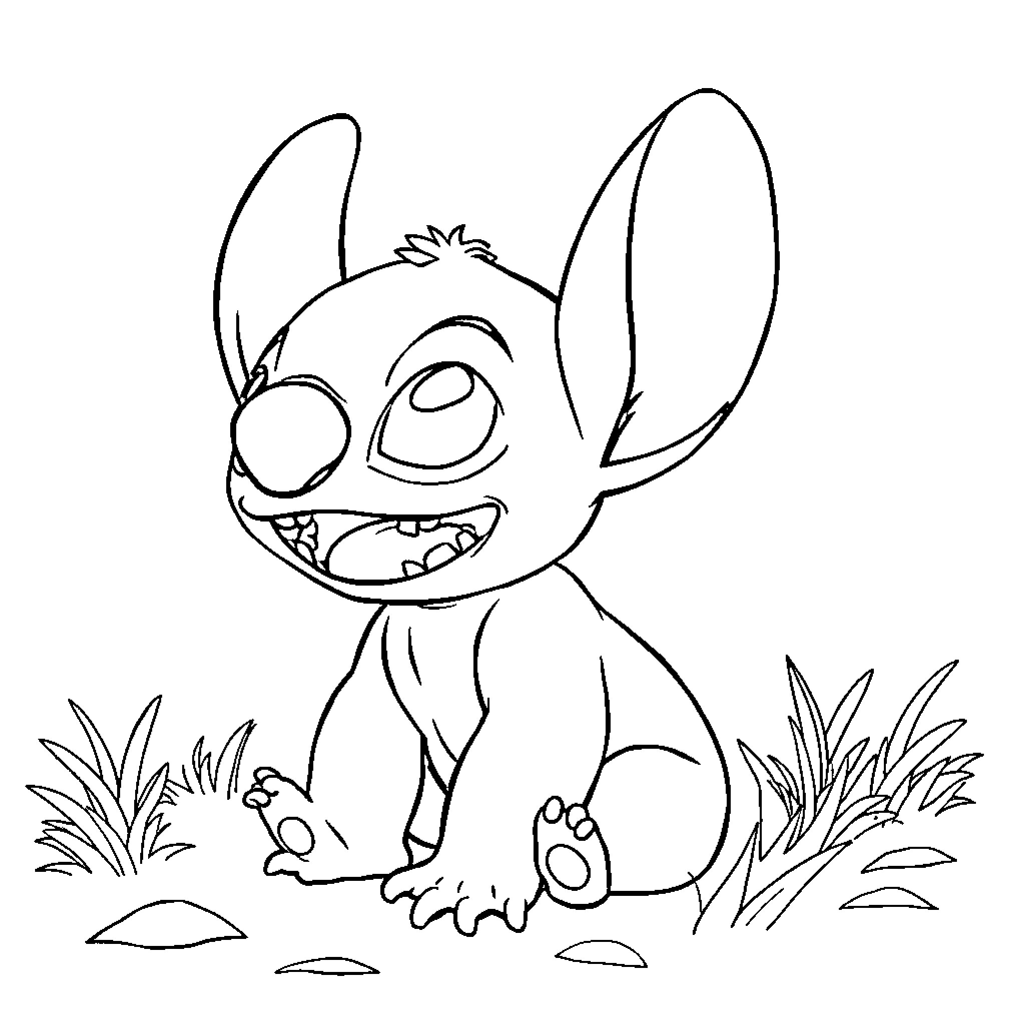 Stitch exploring the outdoors with excitement Coloring Page (free black-and-white line drawing printable PDF for all, from beginners to advanced learners, including children, teens, adults, and seniors)