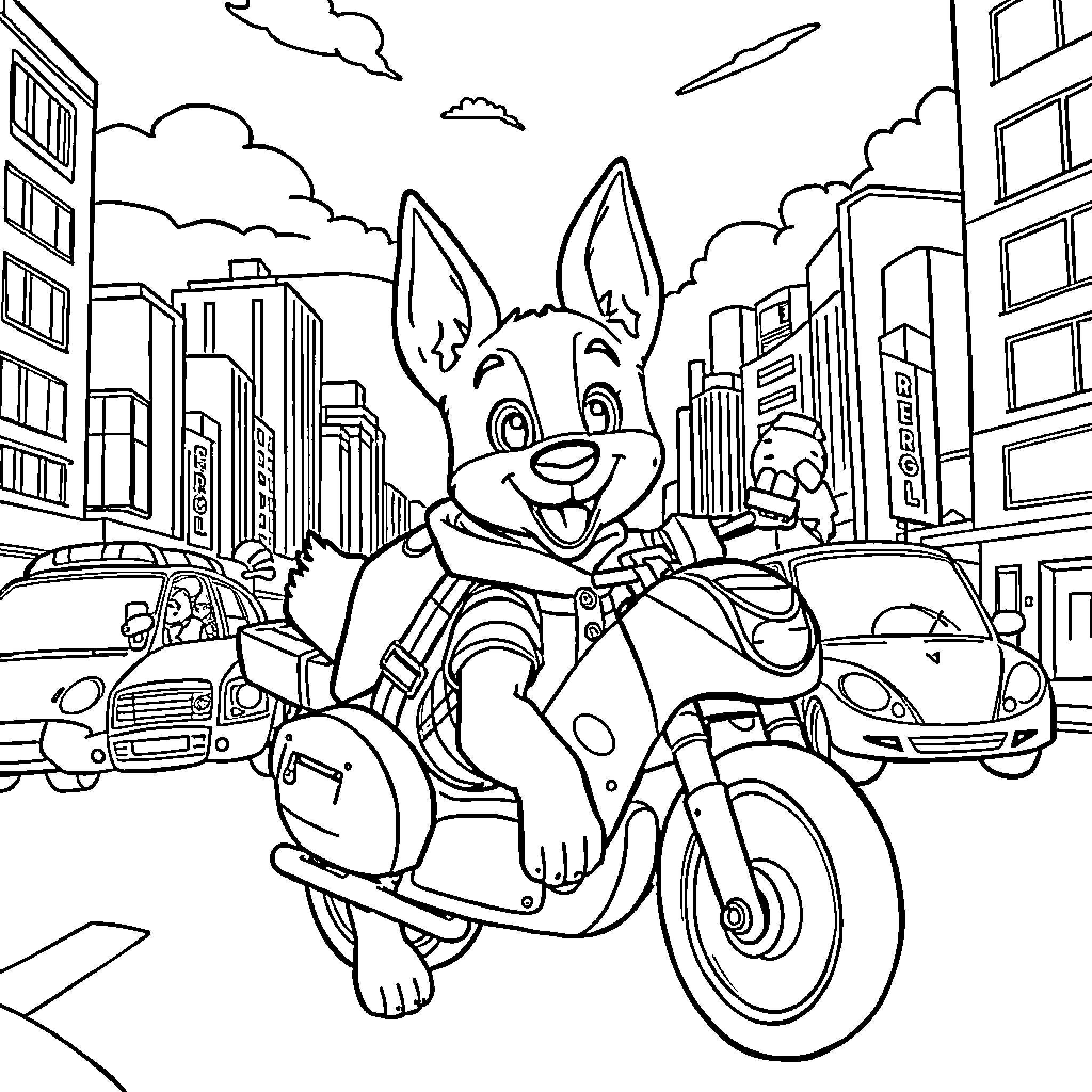 Paw Patrol character on a motorcycle in the city Coloring Page (free black-and-white line drawing printable PDF for all, from beginners to advanced learners, including children, teens, adults, and seniors)