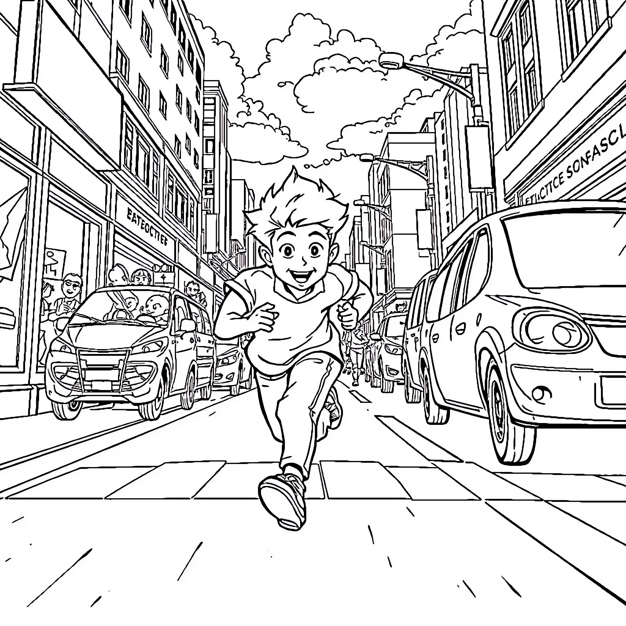Corey's Lively Adventure Through the City Streets Coloring Page (free black-and-white line drawing printable PDF for all, from beginners to advanced learners, including children, teens, adults, and seniors)