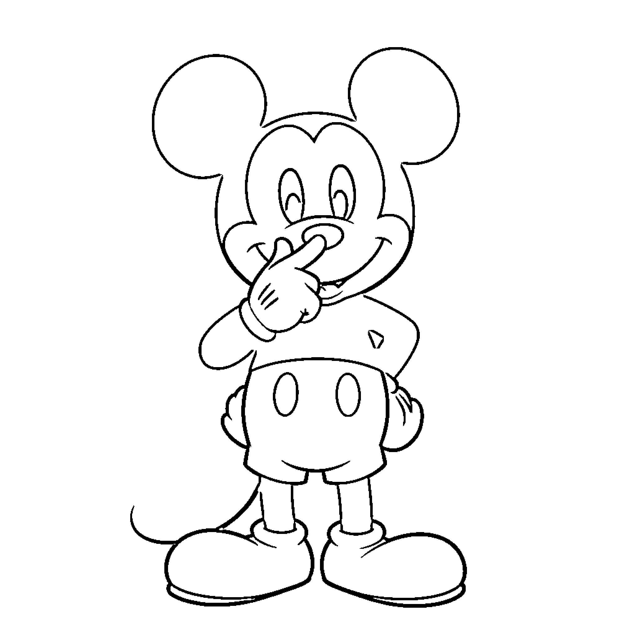 Mickey smiling while holding a finger to his mouth Coloring Page (free black-and-white line drawing printable PDF for all, from beginners to advanced learners, including children, teens, adults, and seniors)