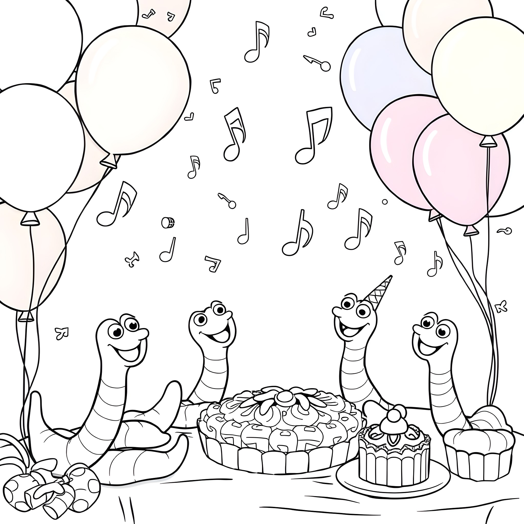 Worm's Lively Birthday Celebration Coloring Page (free black-and-white line drawing printable PDF for all, from beginners to advanced learners, including children, teens, adults, and seniors)