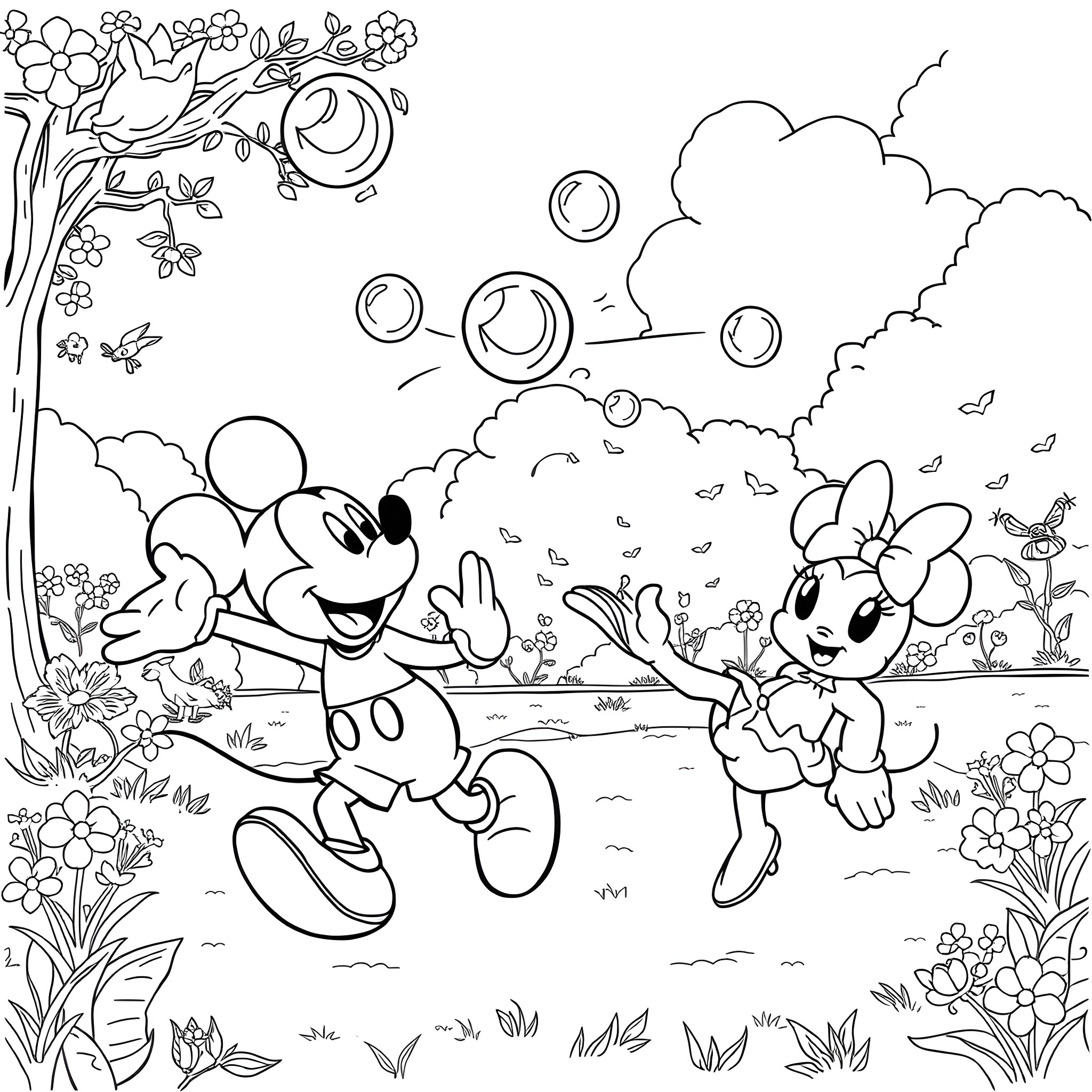 Mickey Mouse and Minnie Mouse playing in nature Coloring Page (free black-and-white line drawing printable PDF for all, from beginners to advanced learners, including children, teens, adults, and seniors)