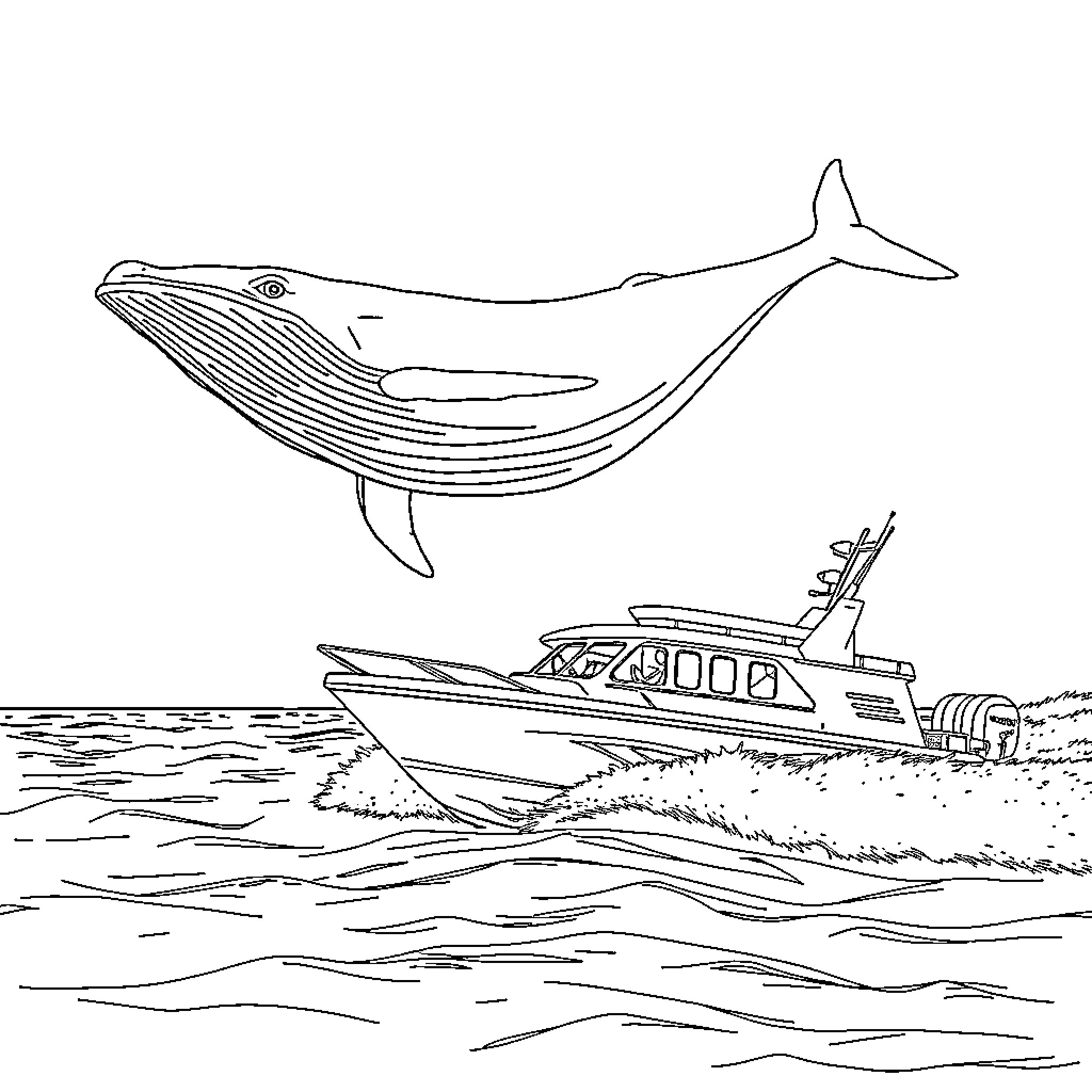 Whale soaring above speeding boat on the ocean Coloring Page (free black-and-white line drawing printable PDF for all, from beginners to advanced learners, including children, teens, adults, and seniors)