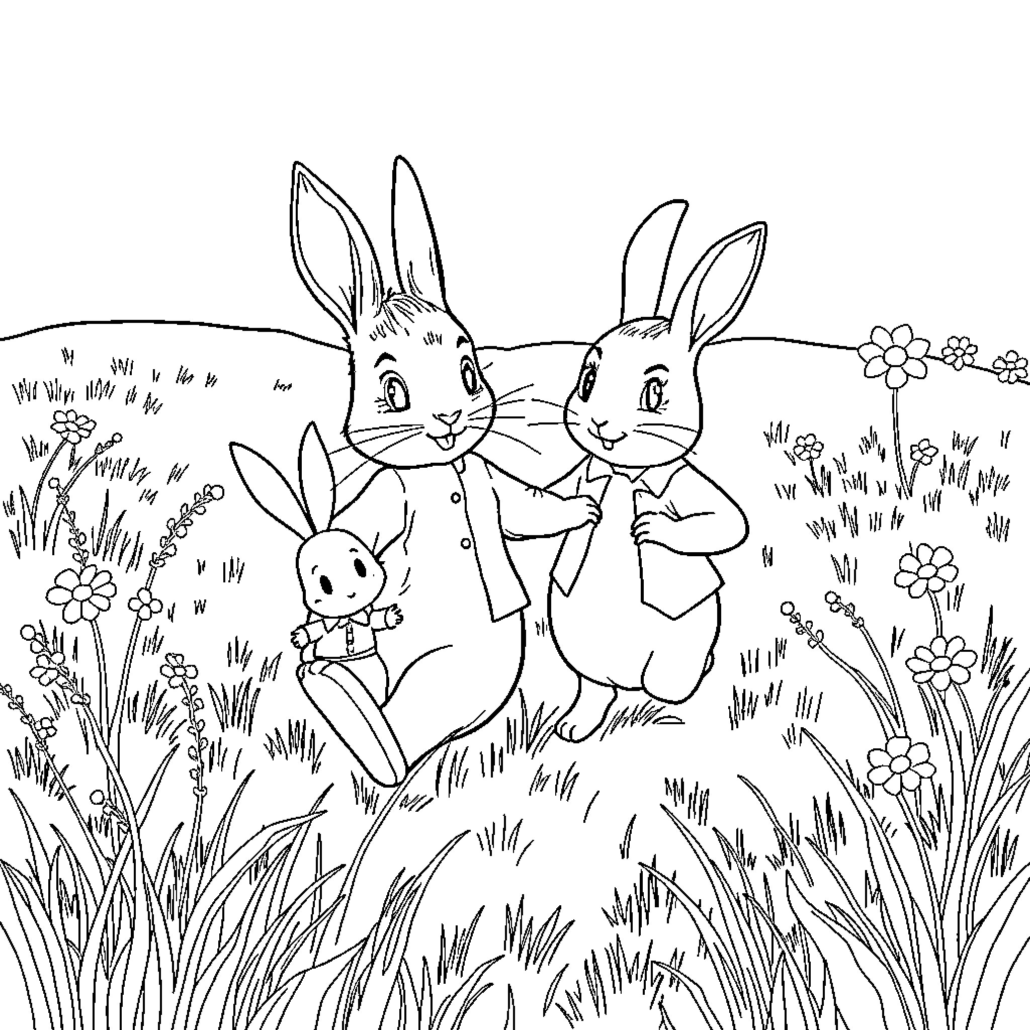 Peter Rabbit and friends explore the colorful meadow Coloring Page (free black-and-white line drawing printable PDF for all, from beginners to advanced learners, including children, teens, adults, and seniors)