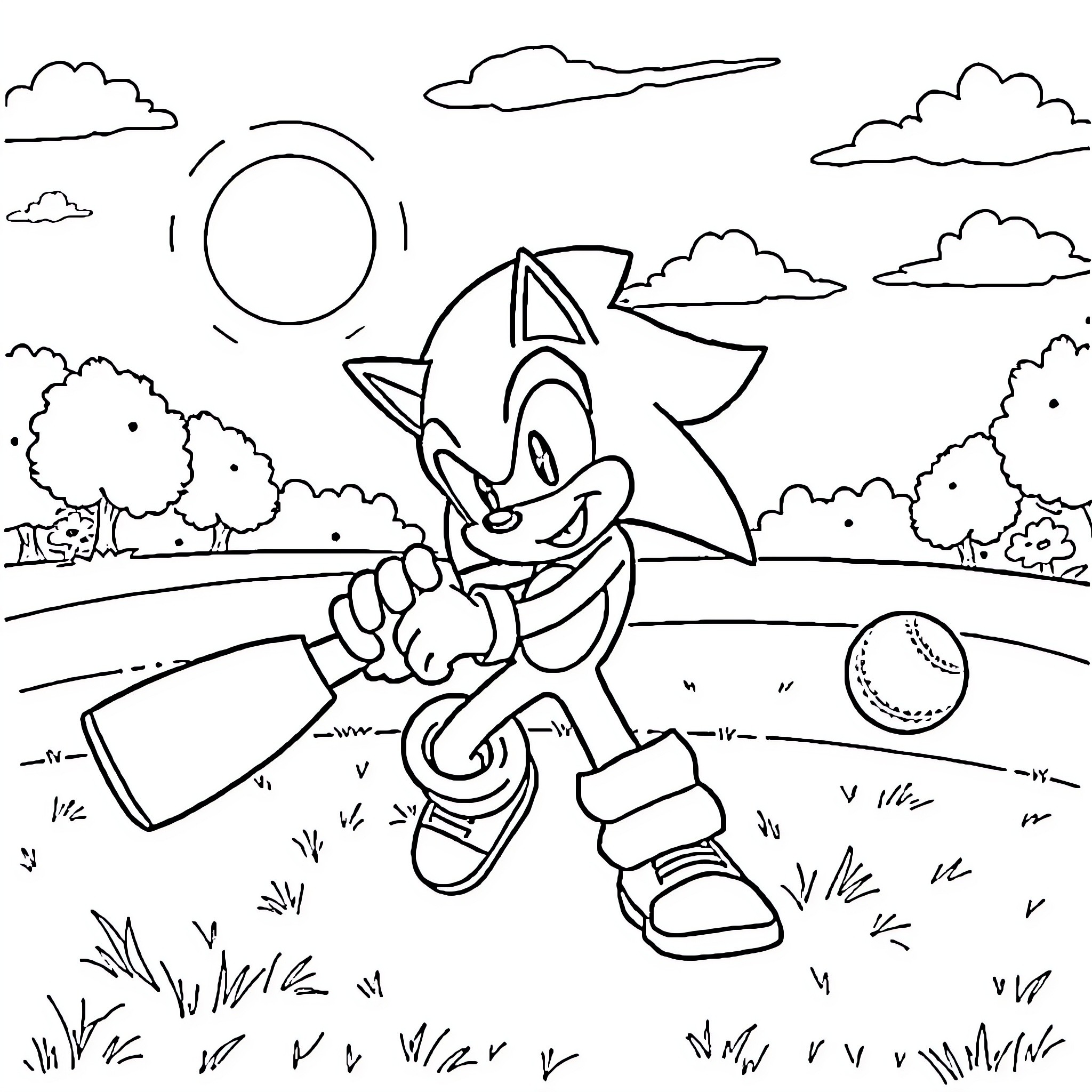 Sonic enjoying a day on the field Coloring Page (free black-and-white line drawing printable PDF for all, from beginners to advanced learners, including children, teens, adults, and seniors)