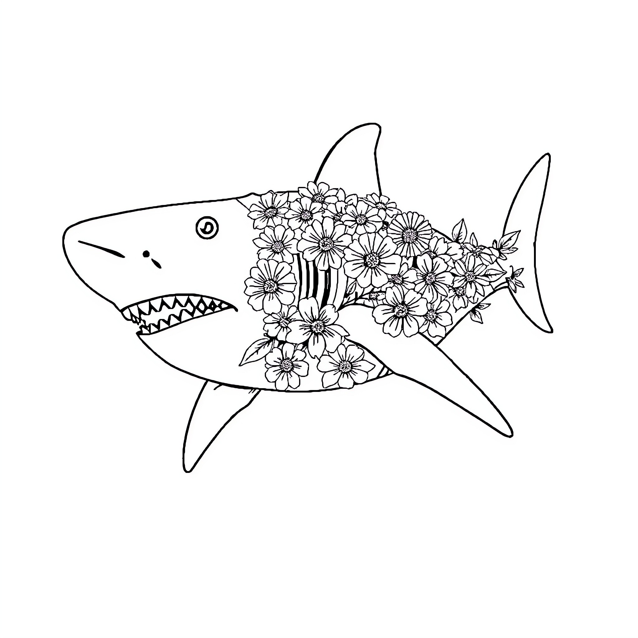 Shark swimming through a floral field Coloring Page (free black-and-white line drawing printable PDF for all, from beginners to advanced learners, including children, teens, adults, and seniors)