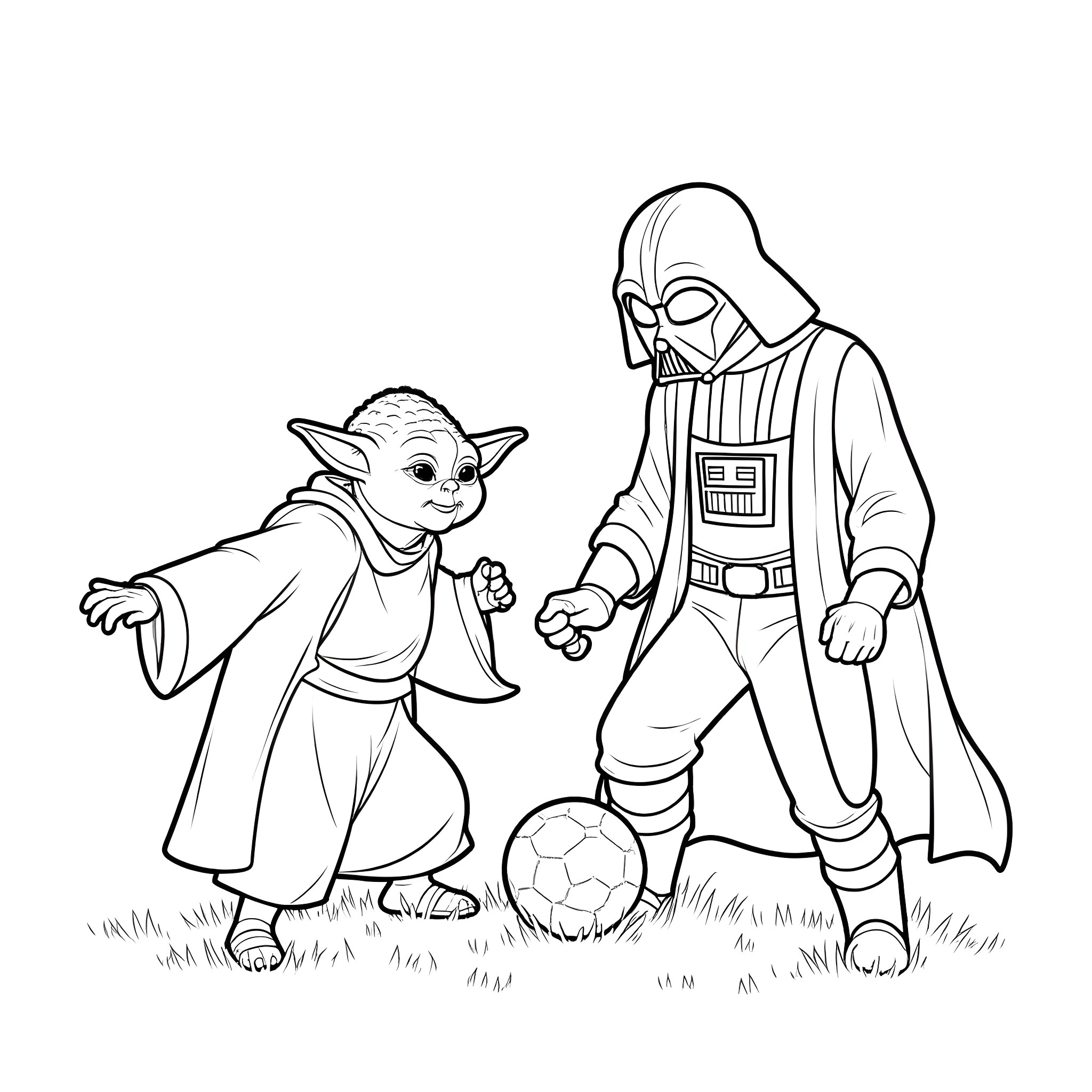 Yoda and Darth Vader playing soccer in the park Coloring Page (free black-and-white line drawing printable PDF for all, from beginners to advanced learners, including children, teens, adults, and seniors)